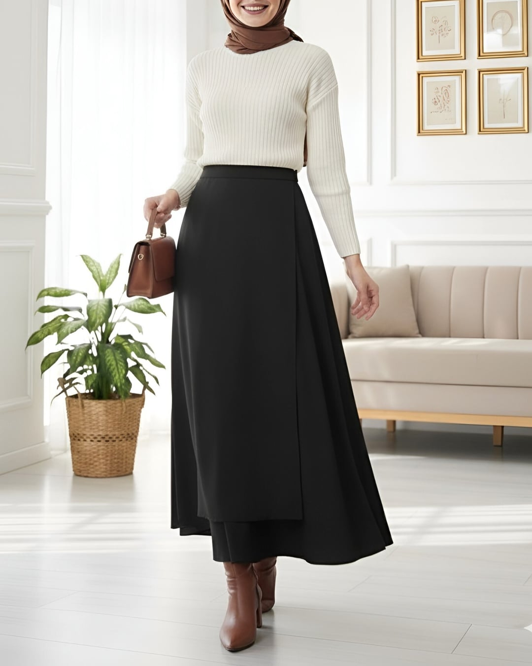 Black High-Waisted Double-Layer Scuba Skirt with Asymmetric Overlay - Podyumplus - by Peralane - photo 3