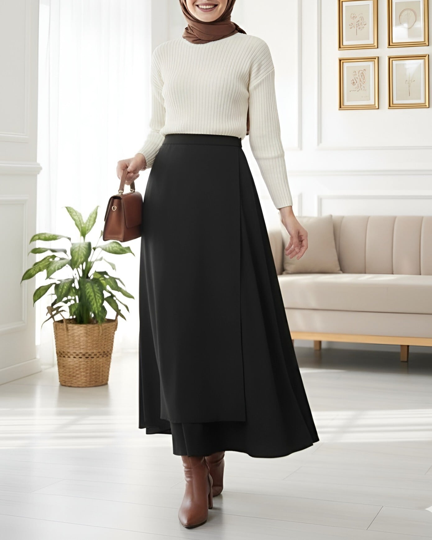 Black High-Waisted Double-Layer Scuba Skirt with Asymmetric Overlay - Podyumplus - by Peralane - photo 3