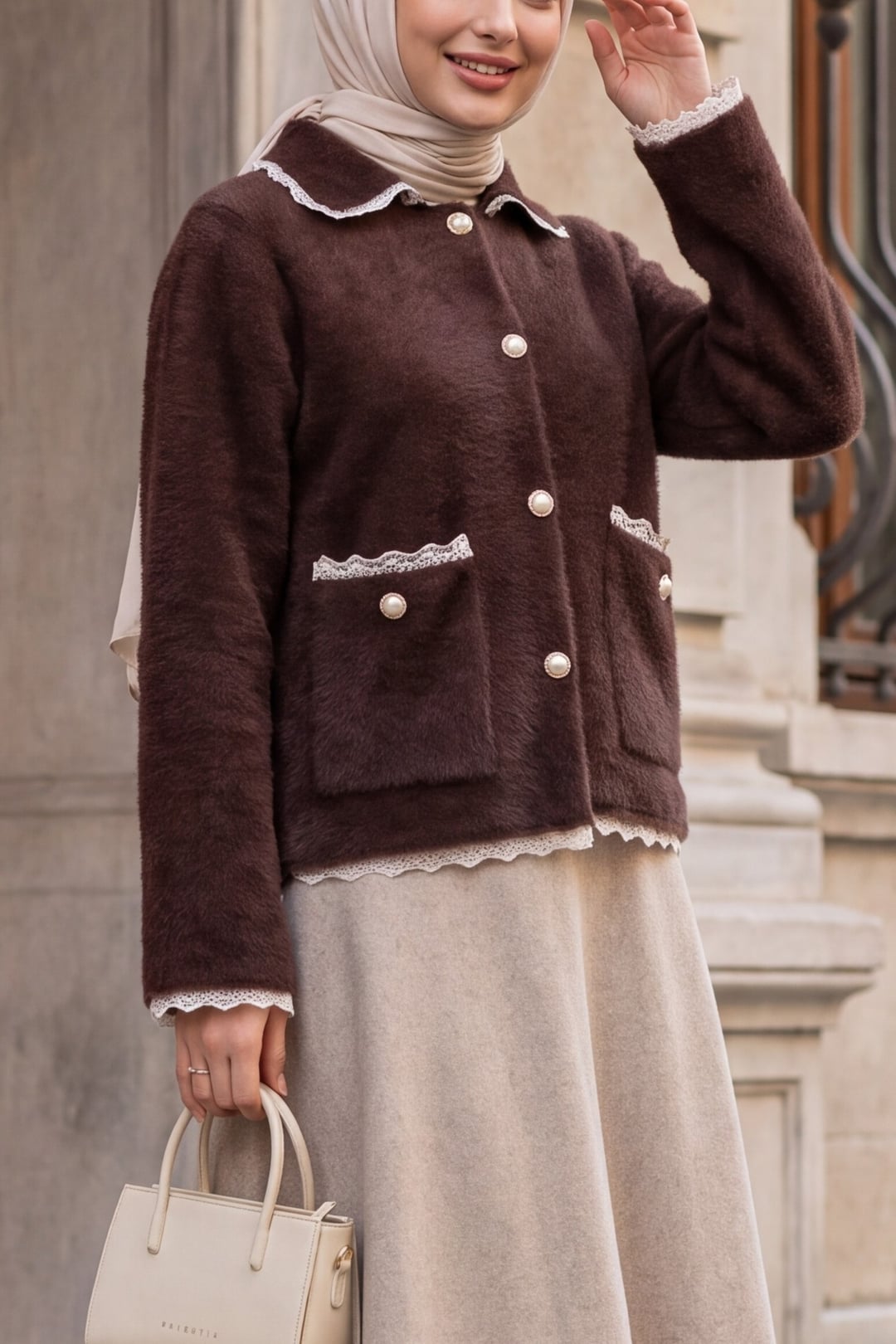Lace-Trimmed Double-Pocket Pearl-Button Cardigan - Dark Brown - Podyumplus - by Peralane