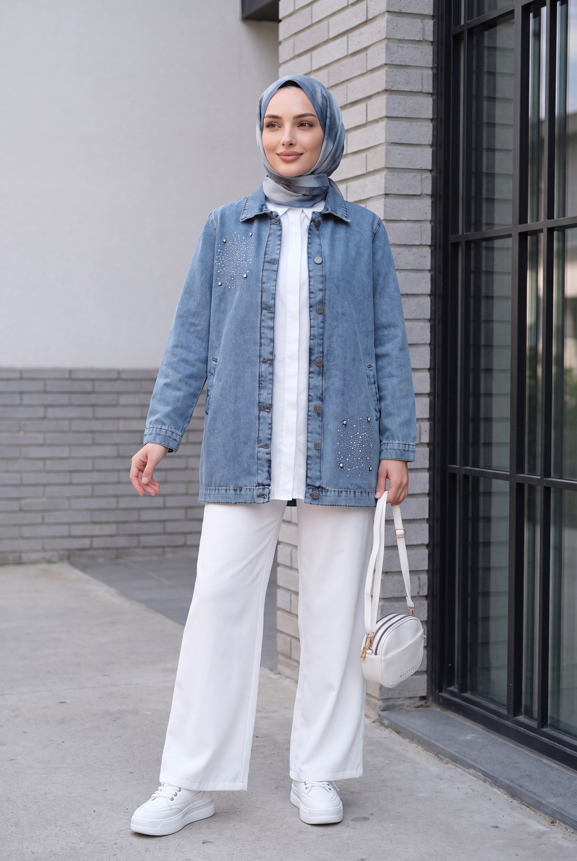 Stone Detail Double Pocket Denim Jacket - Ice Blue - Podyumplus - by Peralane - photo 4