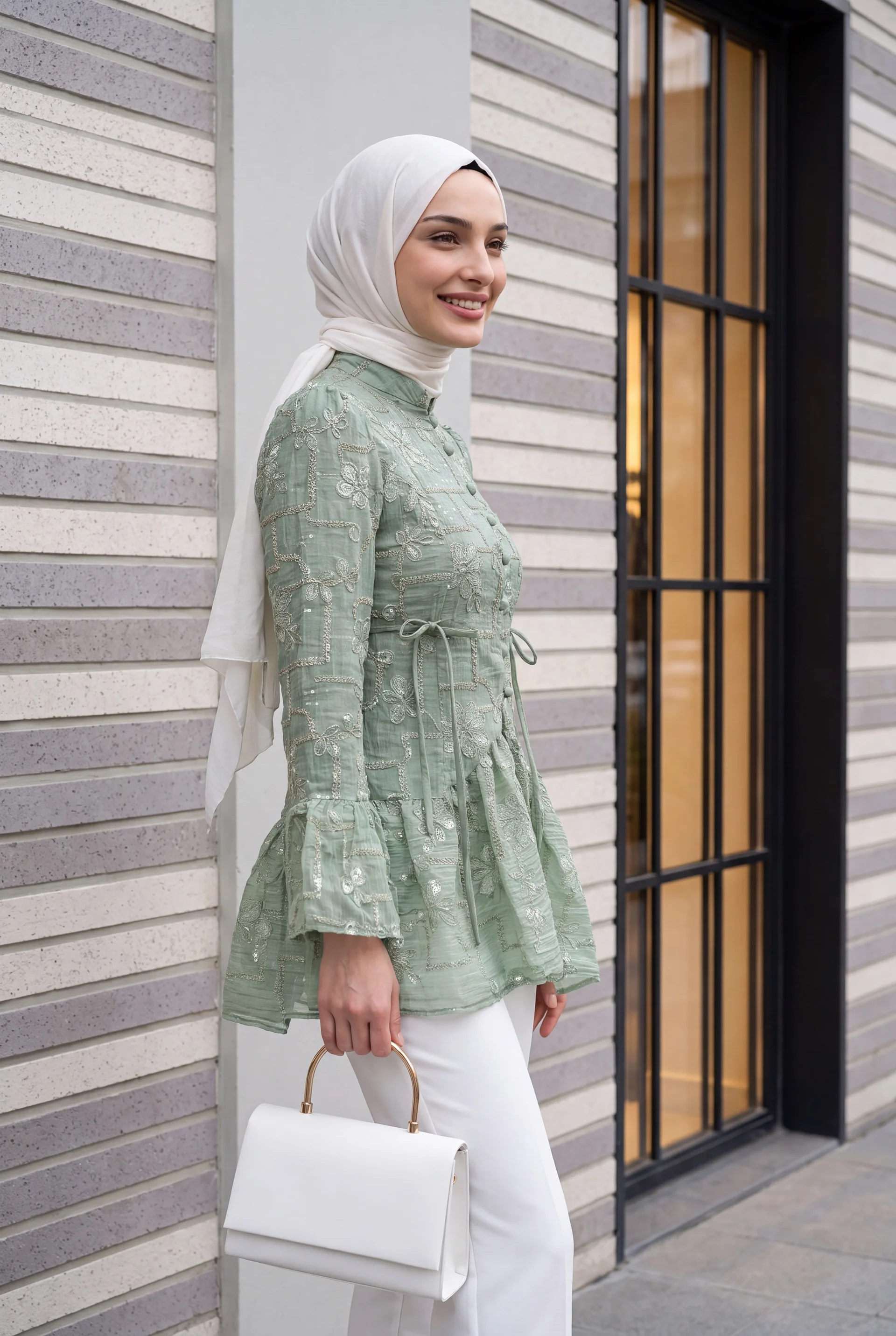 Sage Green Mandarin Collar Embroidered Tunic with Ruffle Cuffs - Podyumplus - by Peralane - photo 2