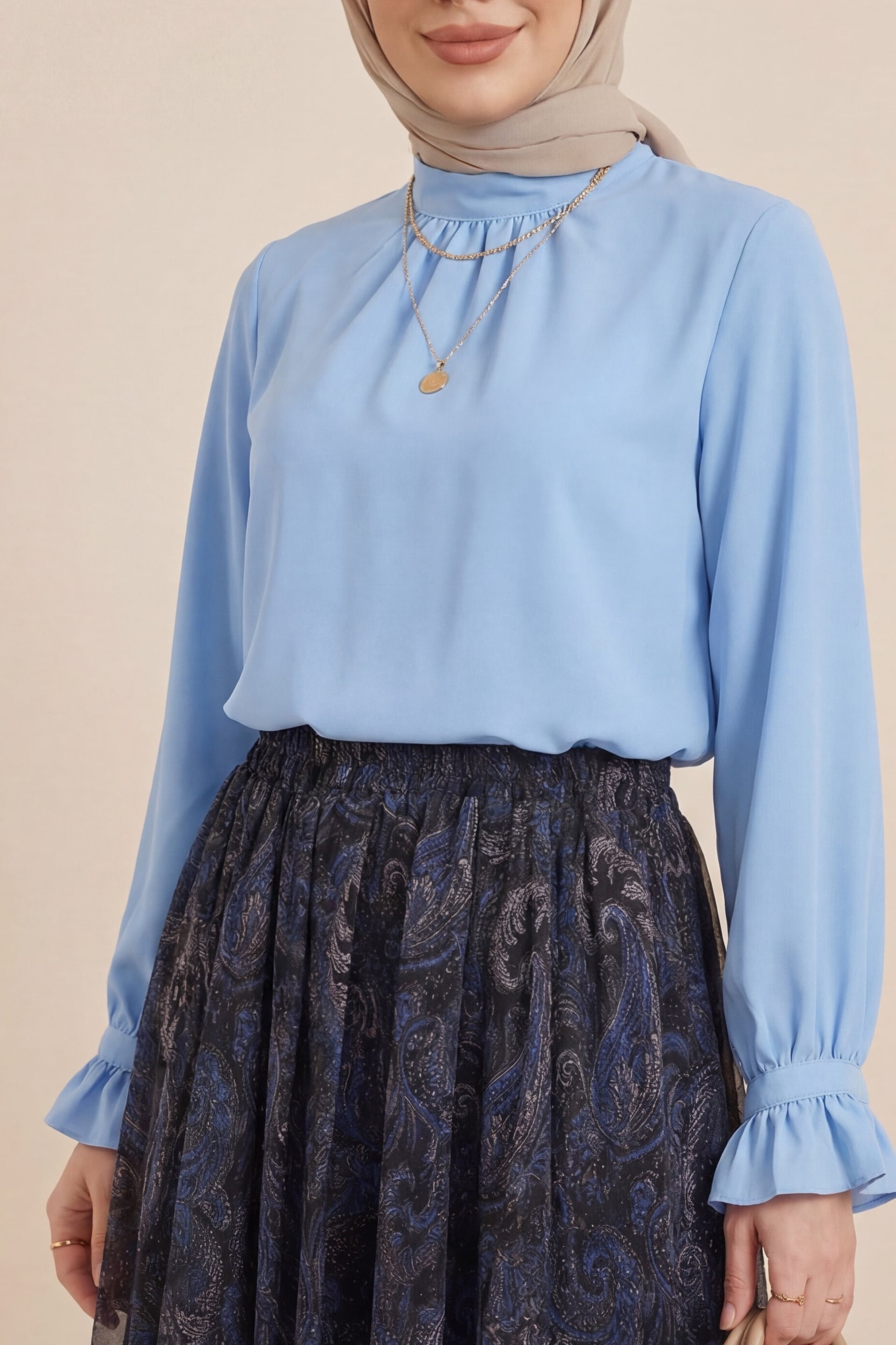 High Neck Ruffled Sleeve Lace-Up Crepe Blouse - Baby Blue - Podyumplus - by Peralane