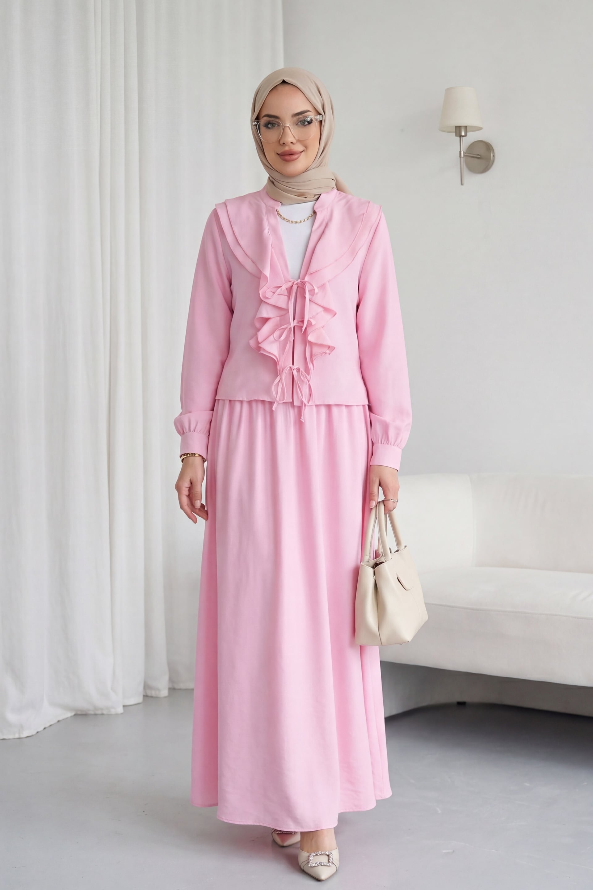 Ruffled Collar Tie-Front Modest Set with Maxi Skirt - Pink - Podyumplus - by Peralane