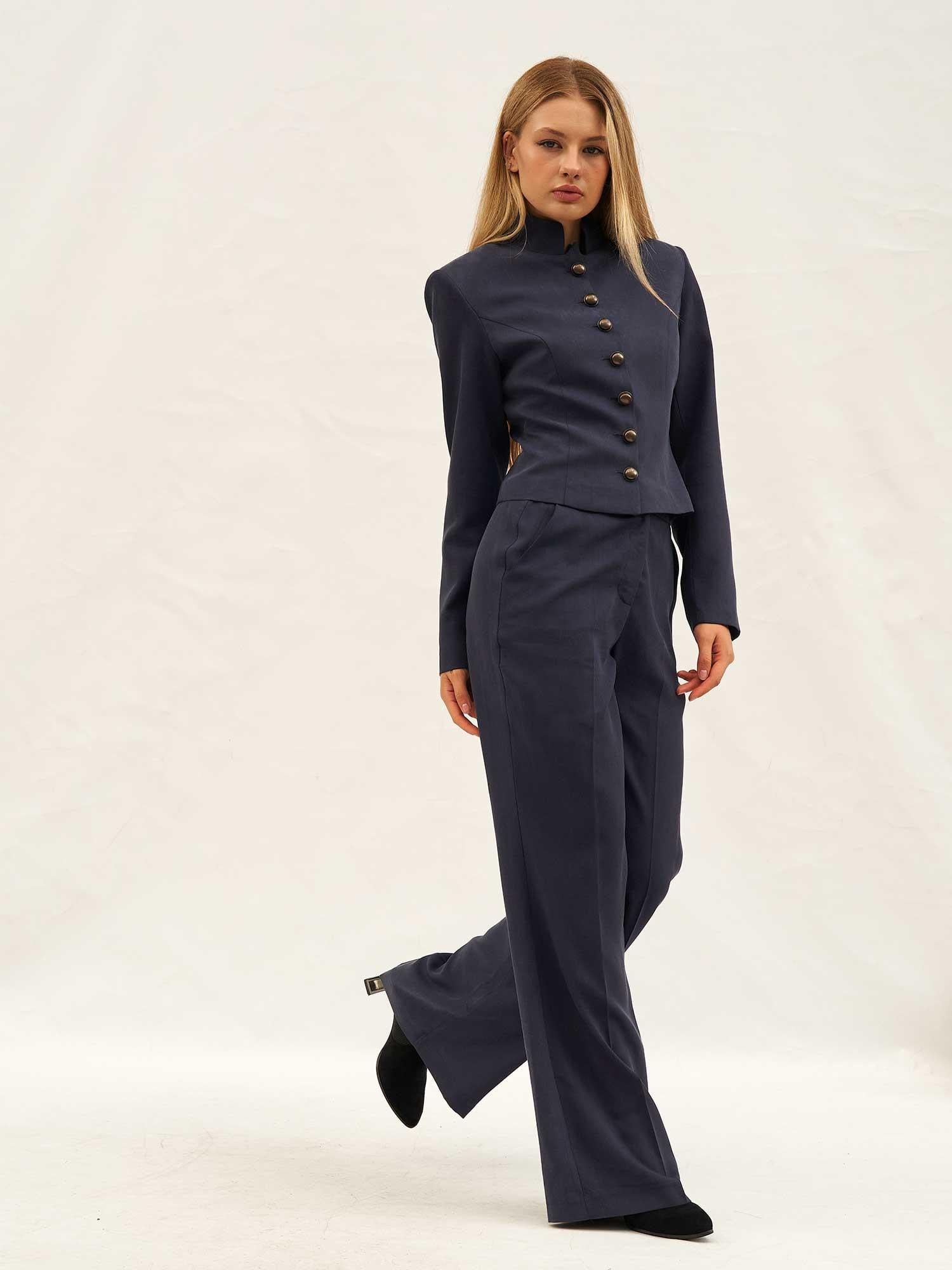 Navy Blue Button-Up Jacket and Wide-Leg Trousers Co-ord Set - Lefon - by Peralane - photo 2