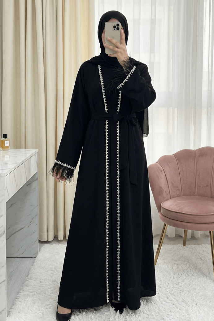 Feathered Sleeve Beaded Belted Abaya - Black - Podyumplus - by Peralane - photo 3
