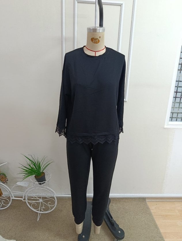 Women's Long Sleeve Crew Neck Lace Trim Viscose Two-Thread Blouse and Trousers Two-Piece Set - Janes - by Peralane - photo 5