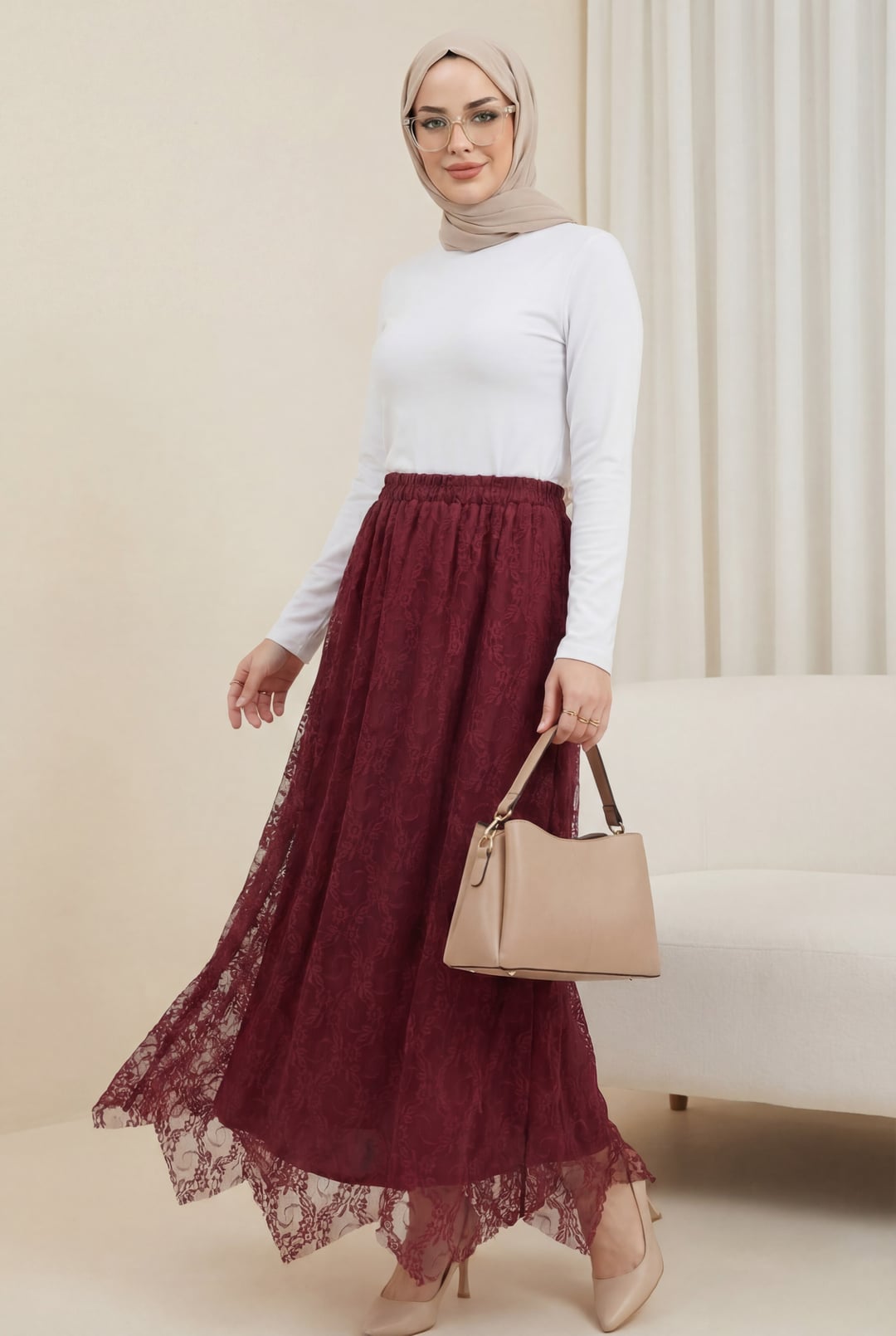 Asymmetric Lined Elastic Waist Tulle Skirt - Bordeaux - Podyumplus - by Peralane - photo 3