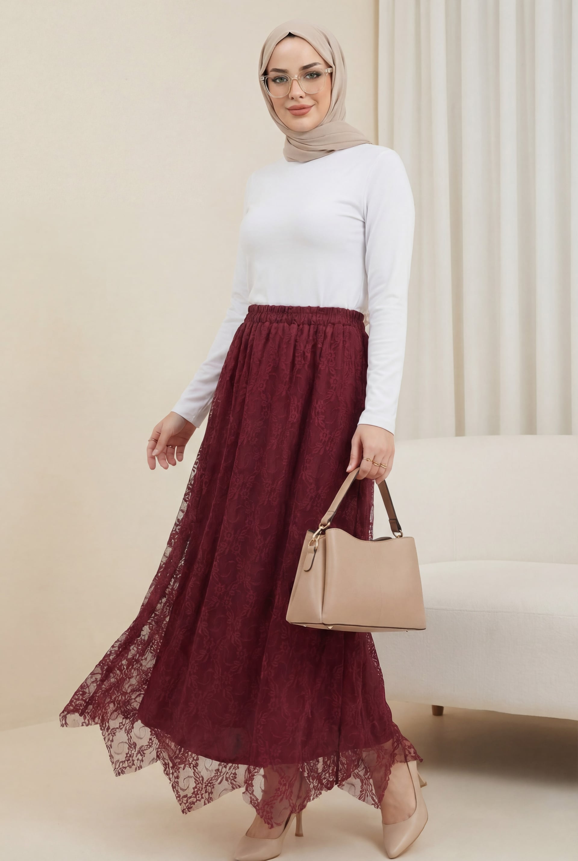 Asymmetric Lined Elastic Waist Tulle Skirt - Bordeaux - Podyumplus - by Peralane - photo 3
