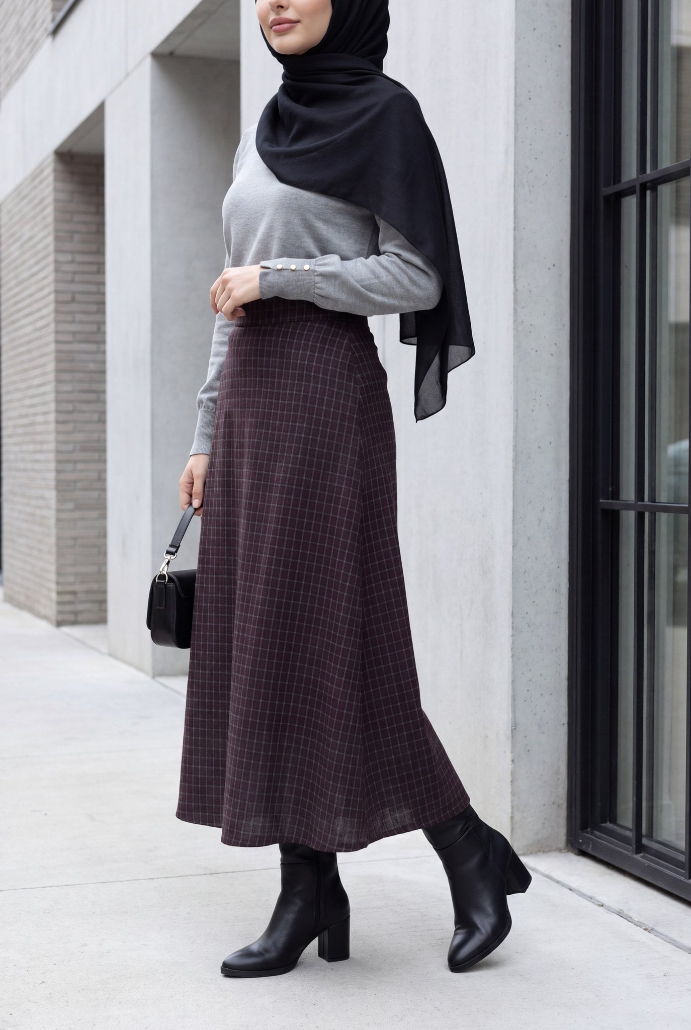 Plaid A-Line Midi Skirt with Pockets and Zipper - Dark Plum - Podyumplus - by Peralane