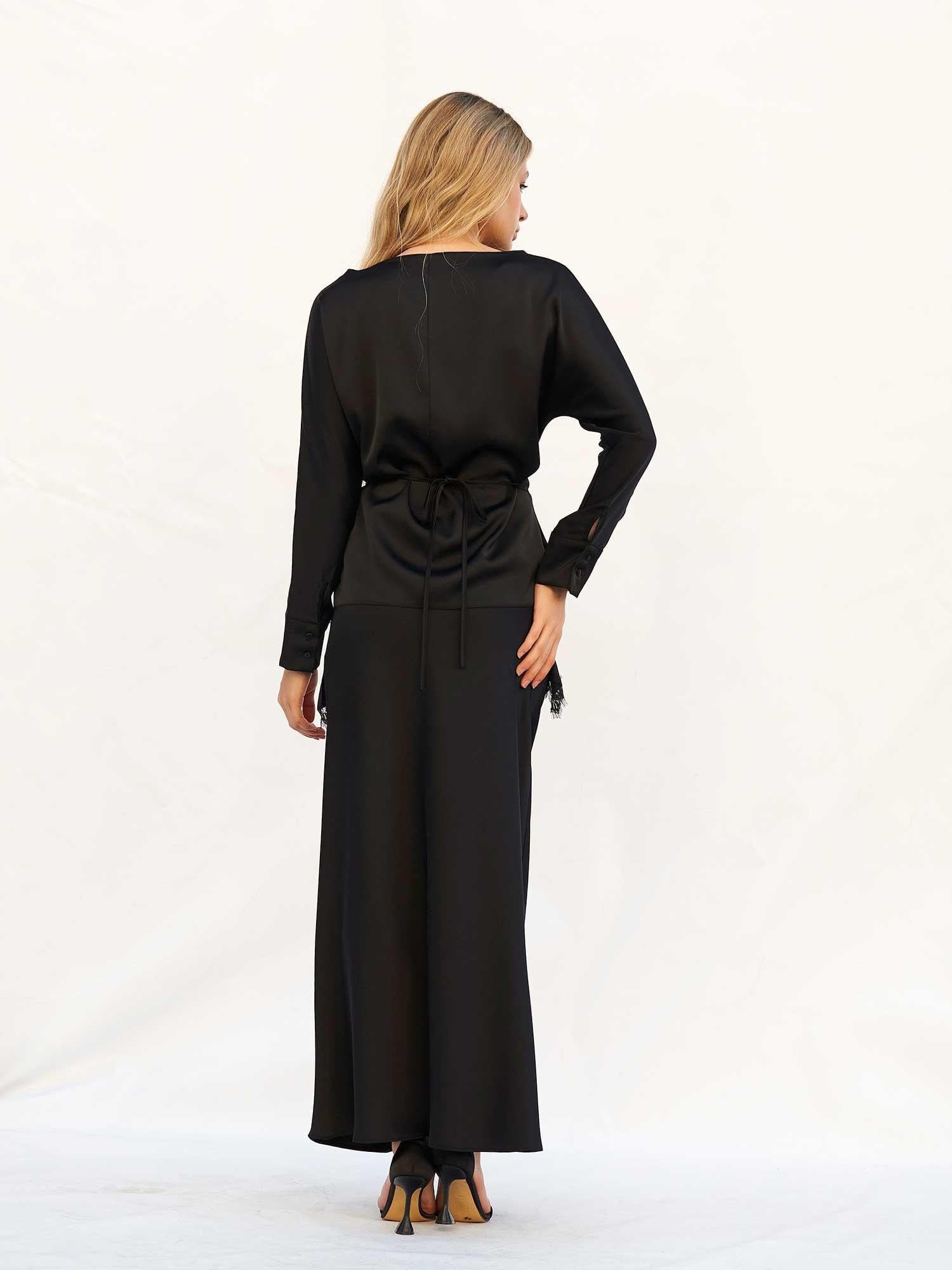 Black Long-Sleeved Satin Dress Set with Lace Trim - Lefon - by Peralane - photo 3