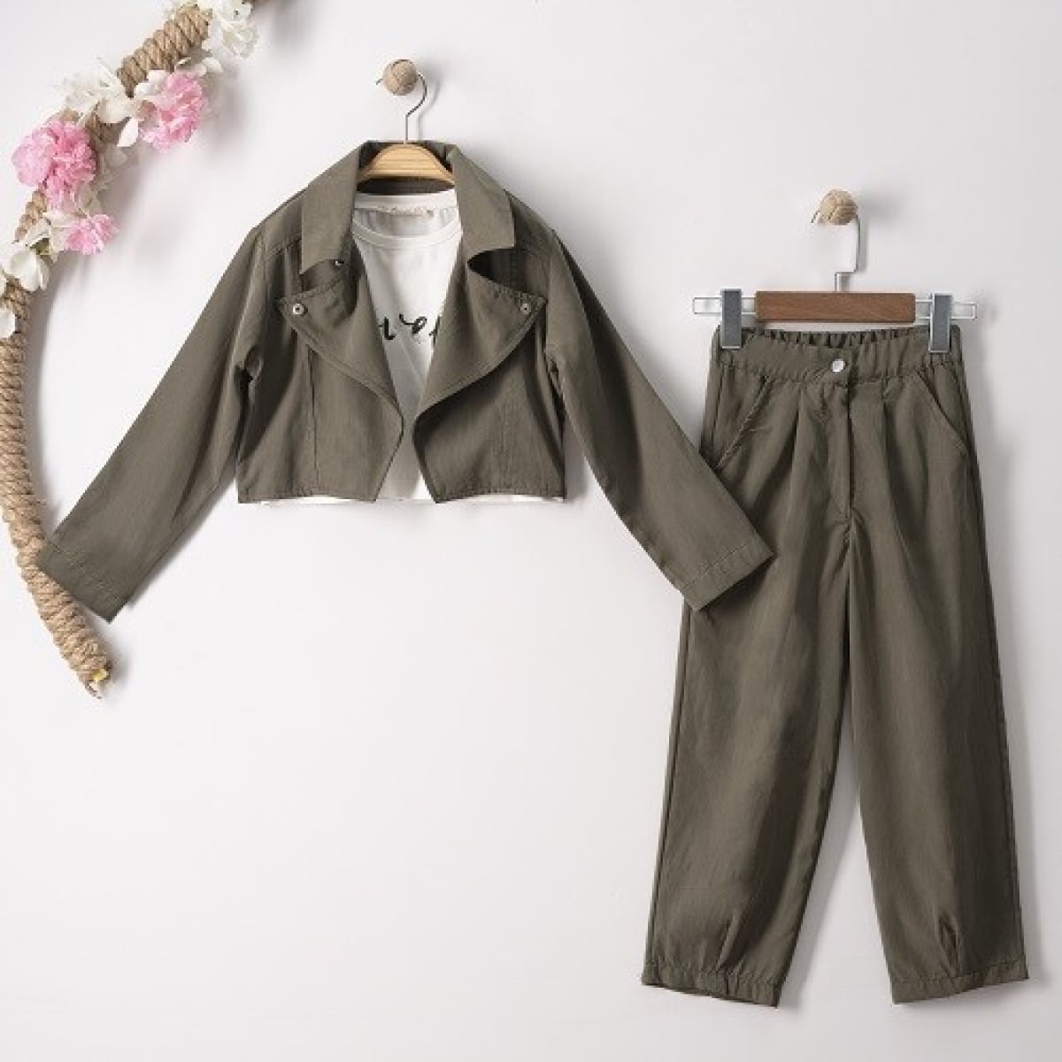 Kids' 3-Piece Olive Green Jacket, Trousers and T-Shirt Set 7-10Y - Busra Bebe - by Peralane