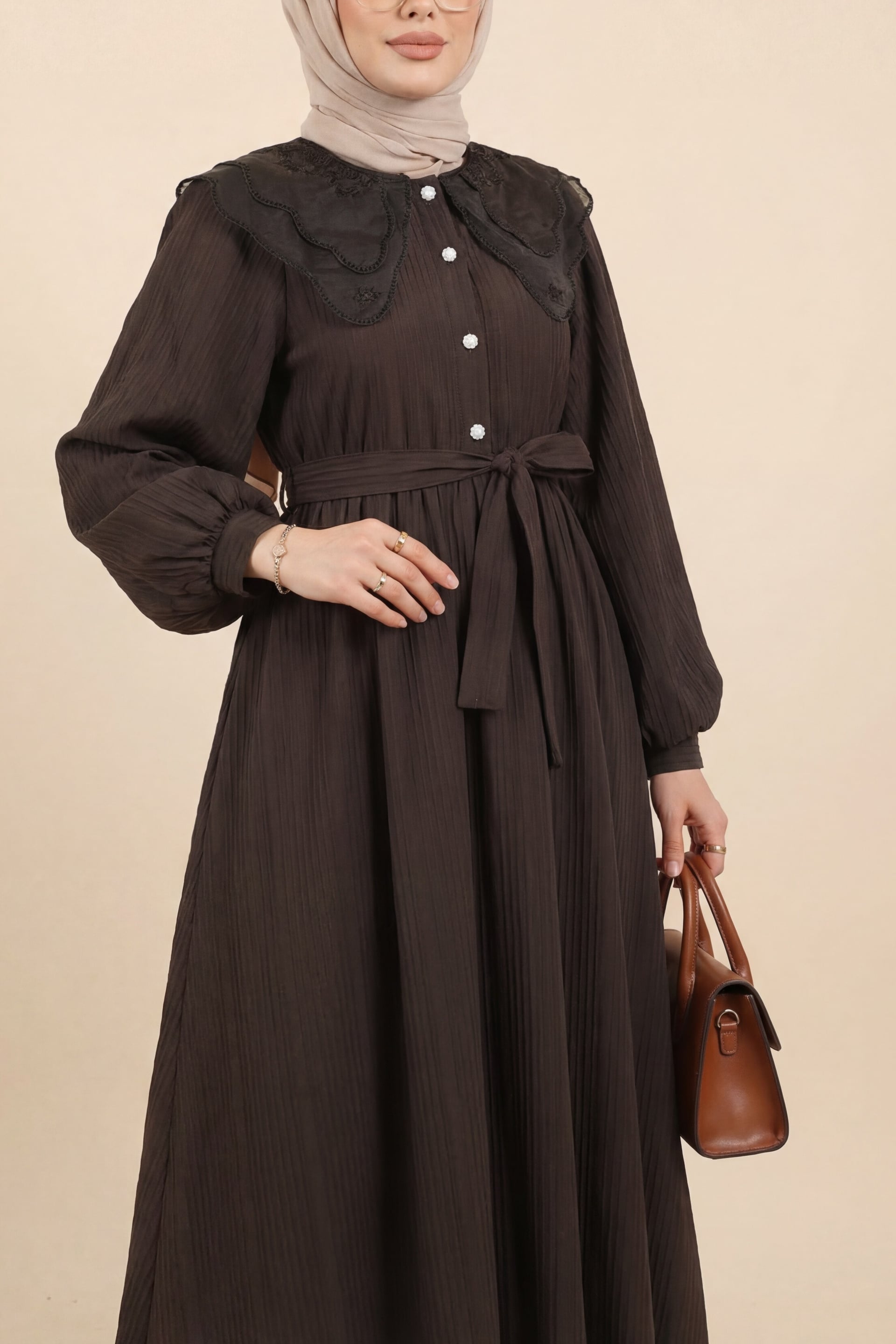 Organza Baby Collar Stone Button Crinkle Dress - Dark Brown - Podyumplus - by Peralane - photo 2