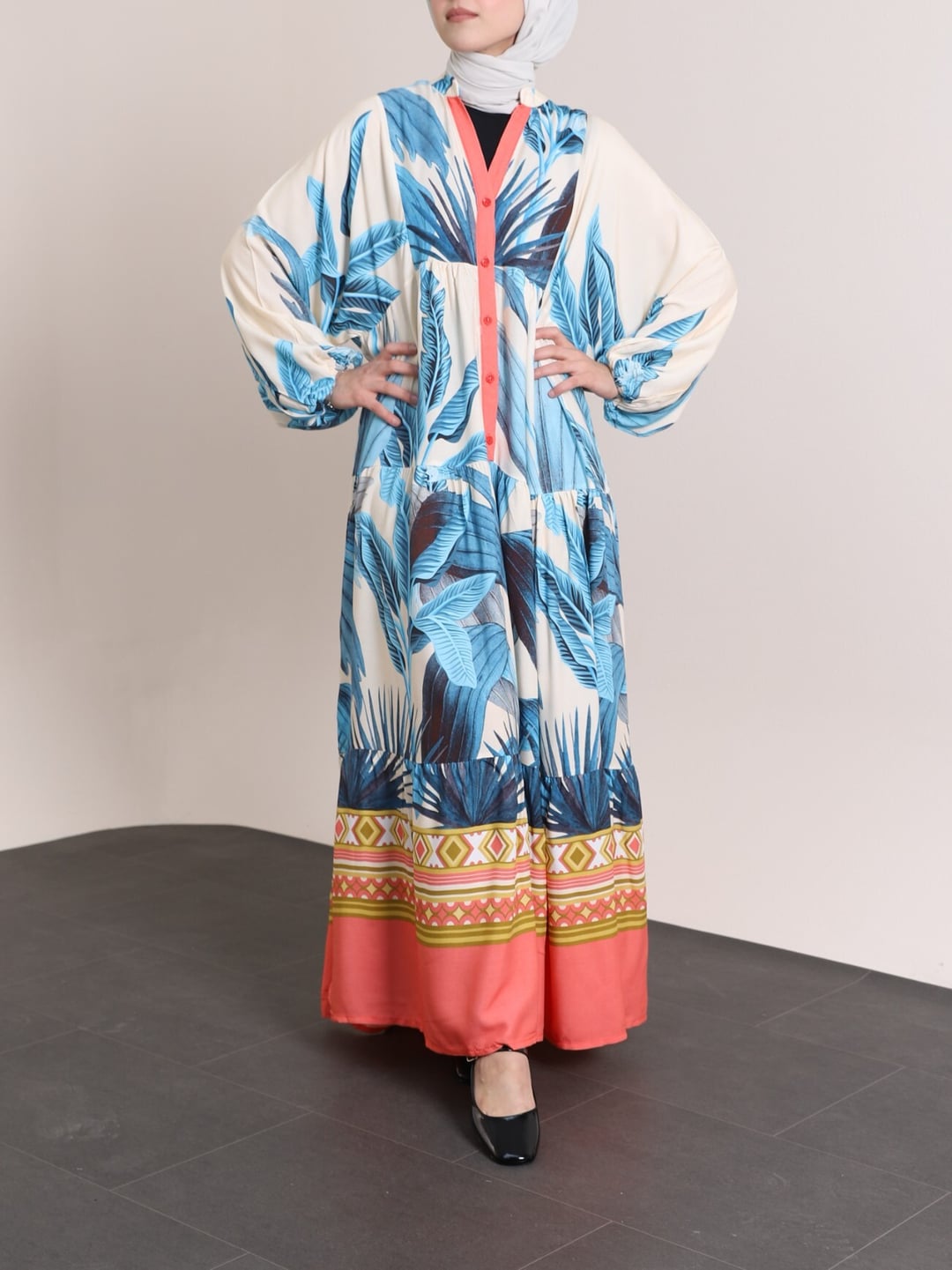 Elasticated Cuff Long Sleeve V-Neck Button Front Tiered Midi Dress - Indigo - Podyumplus - by Peralane - photo 8