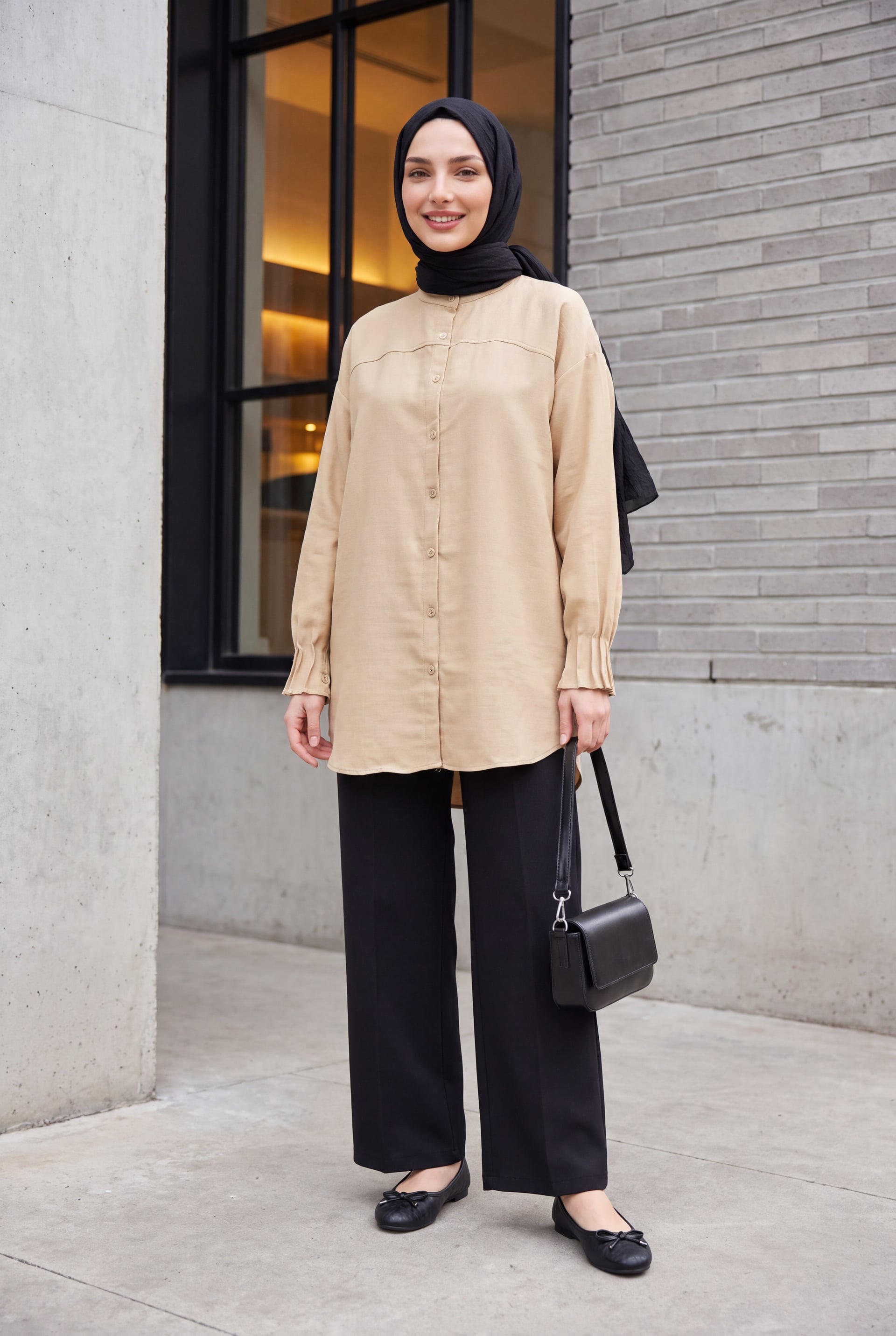 Oval Cut Blouse with Pleated Cuffs - Light Beige - Podyumplus - by Peralane - photo 2