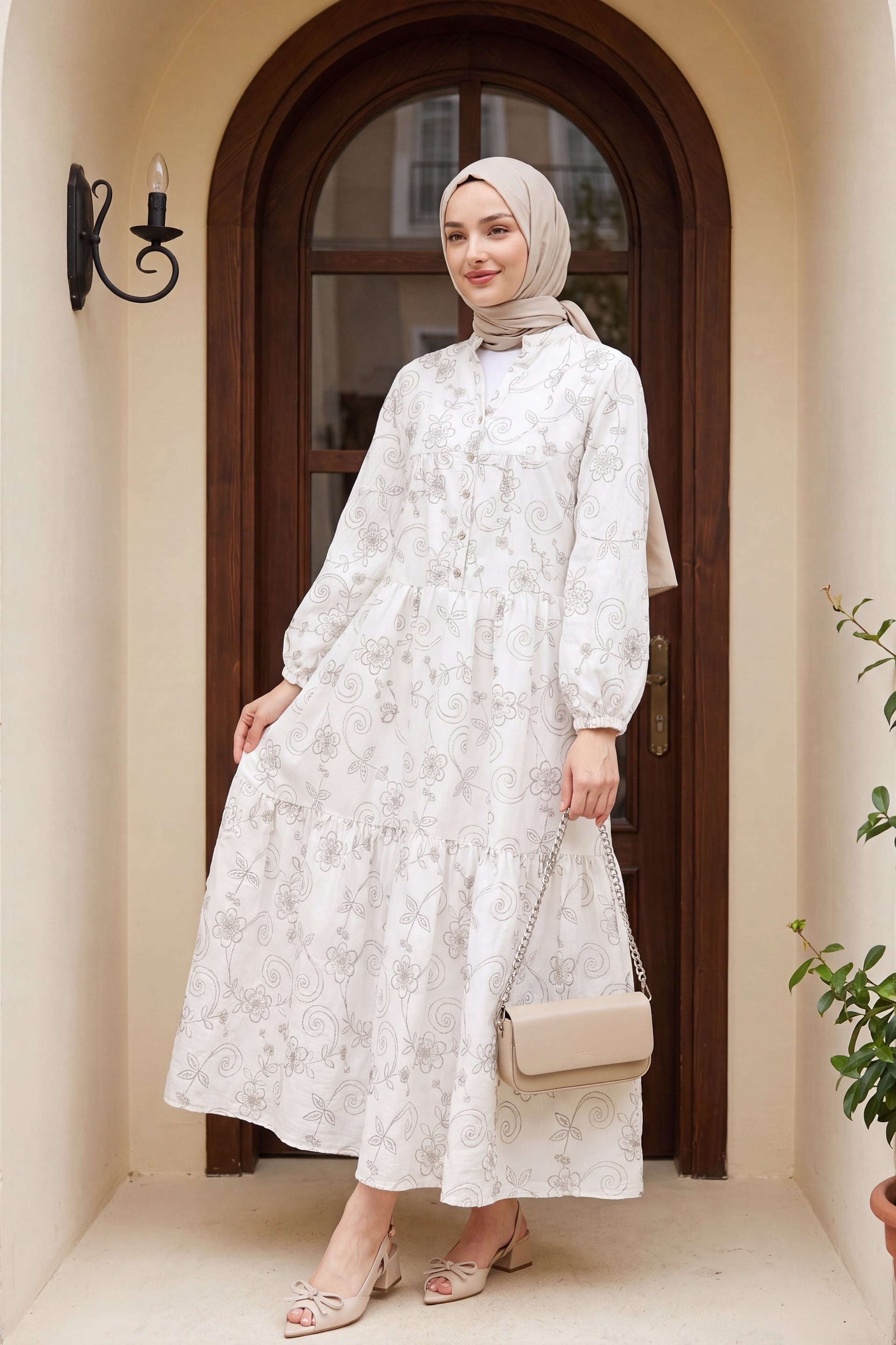 White Floral Jacquard Print Half-Button Long-Sleeve Tiered Dress - Podyumplus - by Peralane