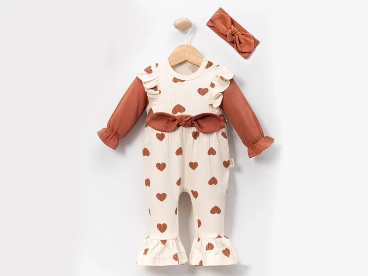 Heart Print Baby Girl Romper Set with Headband - Brown - Cayzen - by Peralane