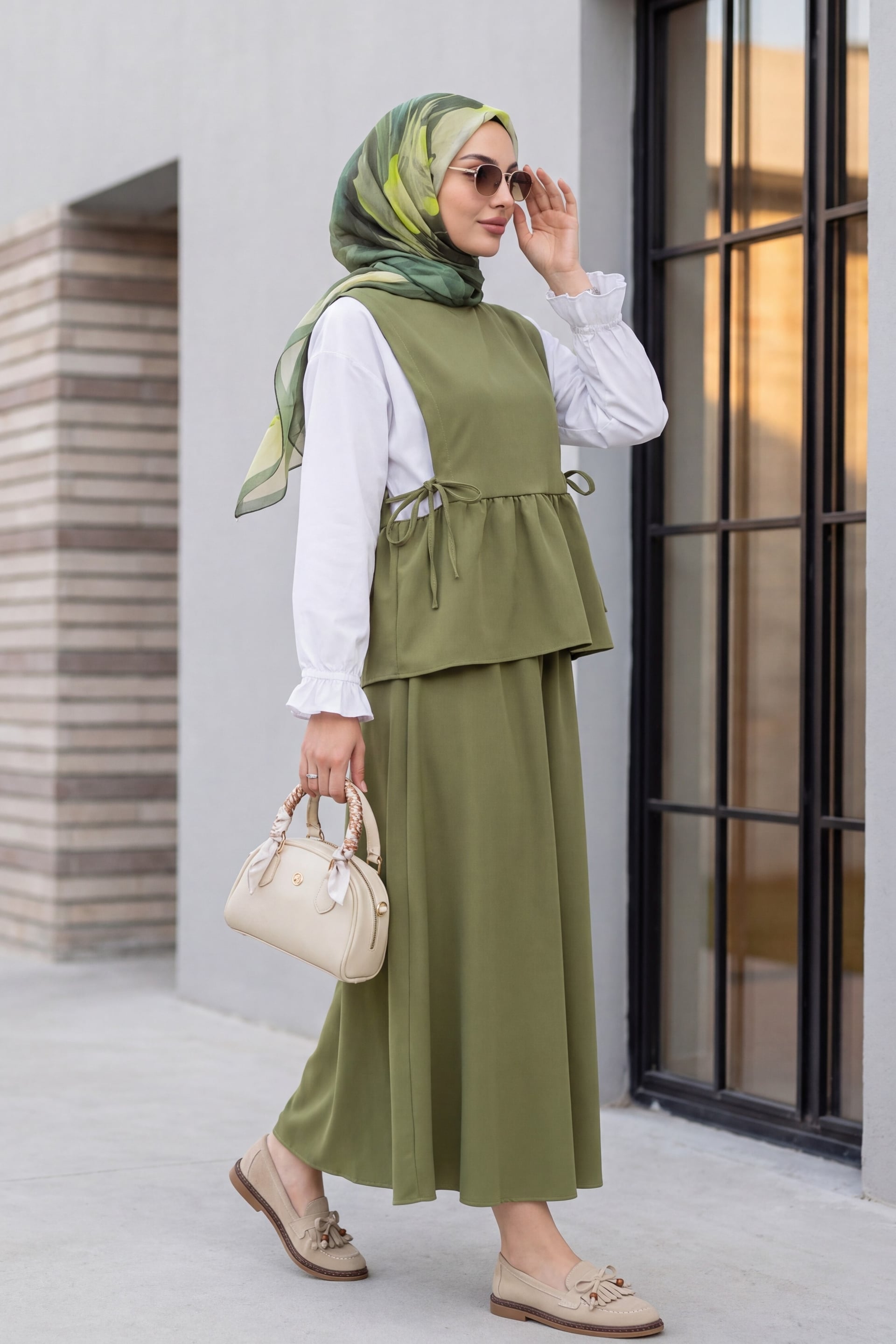 Shirt Detail Lace-Up Sides Ruffled Skirt Double Set - Khaki - Podyumplus - by Peralane - photo 2