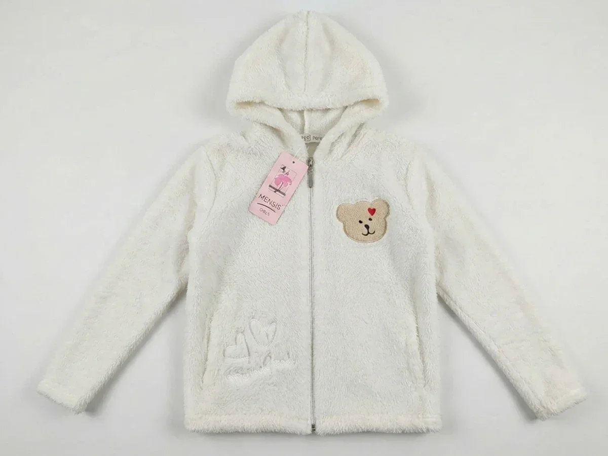 Girls' Zip-Up Hoodie with Teddy Bear Embroidery - Cream White - Mensis - by Peralane