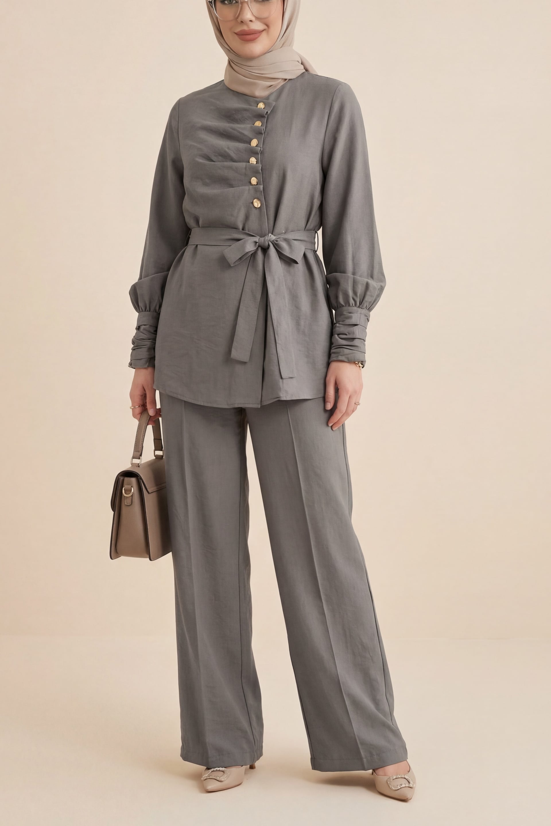 Cupra Two-Piece Set with Tunic Top and Wide-Leg Trousers - Taupe - Podyumplus - by Peralane - photo 4
