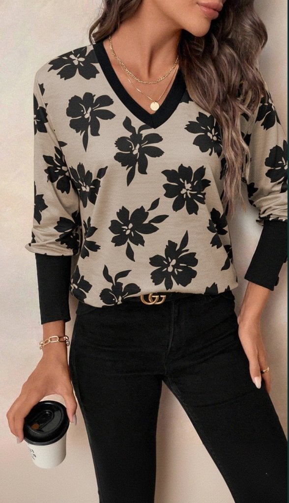 Women's Long Sleeve V-Neck Patterned Suprem Blouse - Janes - by Peralane