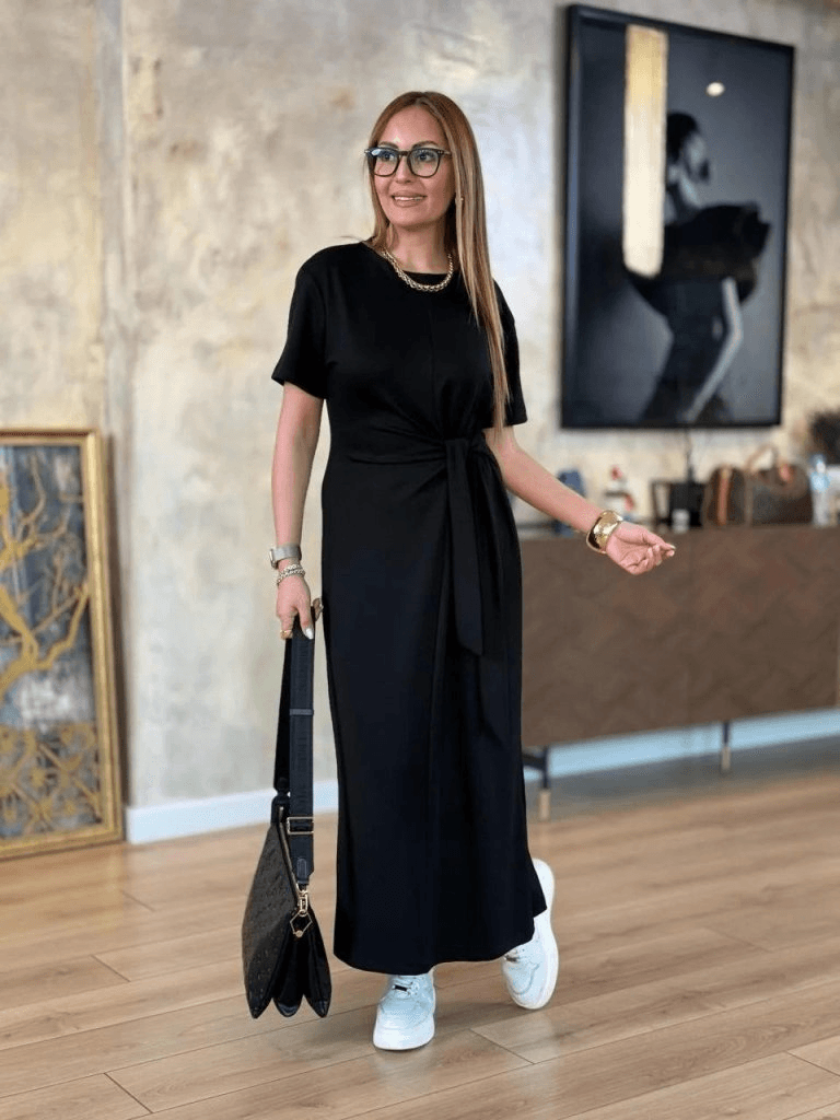 Women's Black Short-Sleeve Viscose Two-Thread Knot Waist Midi Dress - Janes - by Peralane - photo 5