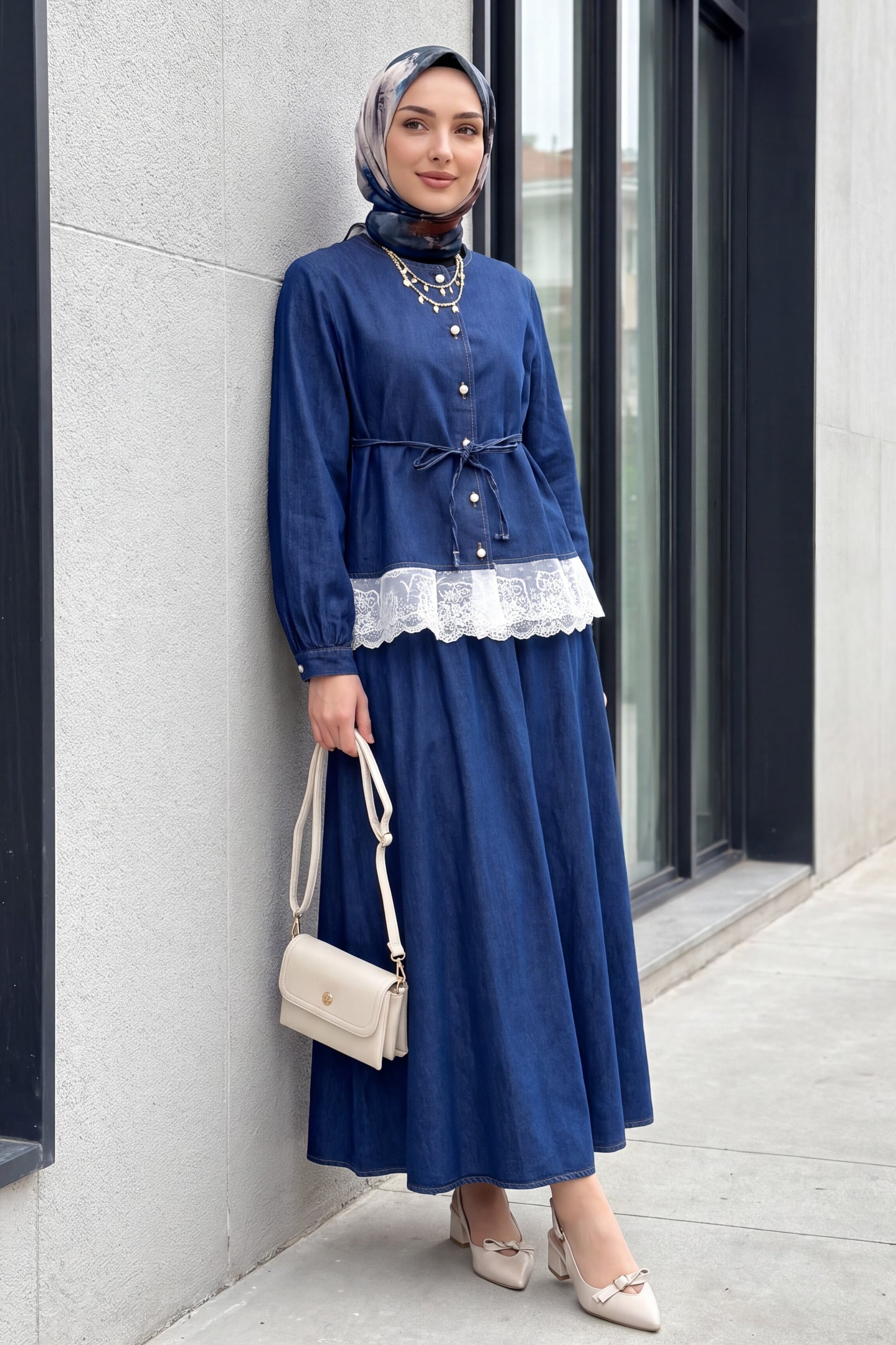 Round Neck Lace Detail Belted Buttoned Denim Skirt Set - Dark Navy - Podyumplus - by Peralane - photo 2