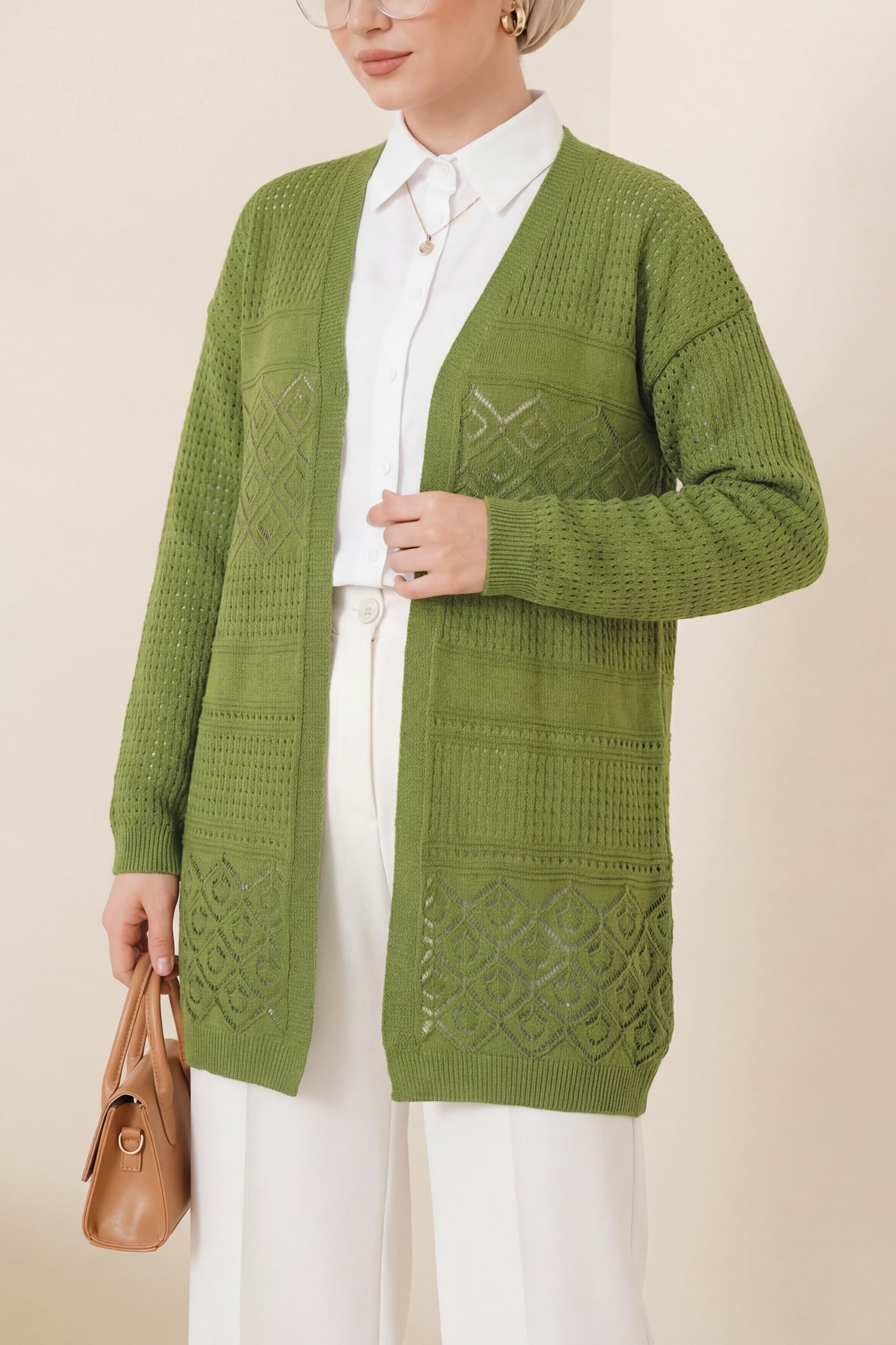 Open-Front Knit Cardigan with Diamond Eyelet Pattern - Bright Green - Podyumplus - by Peralane