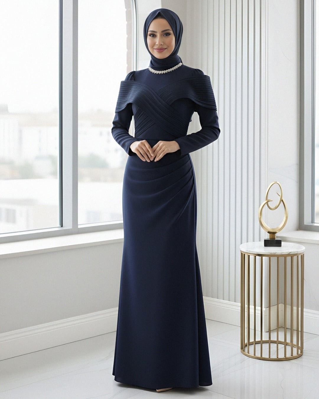 Beaded Neckline Pleated Evening Dress - Navy Blue - Podyumplus - by Peralane - photo 5