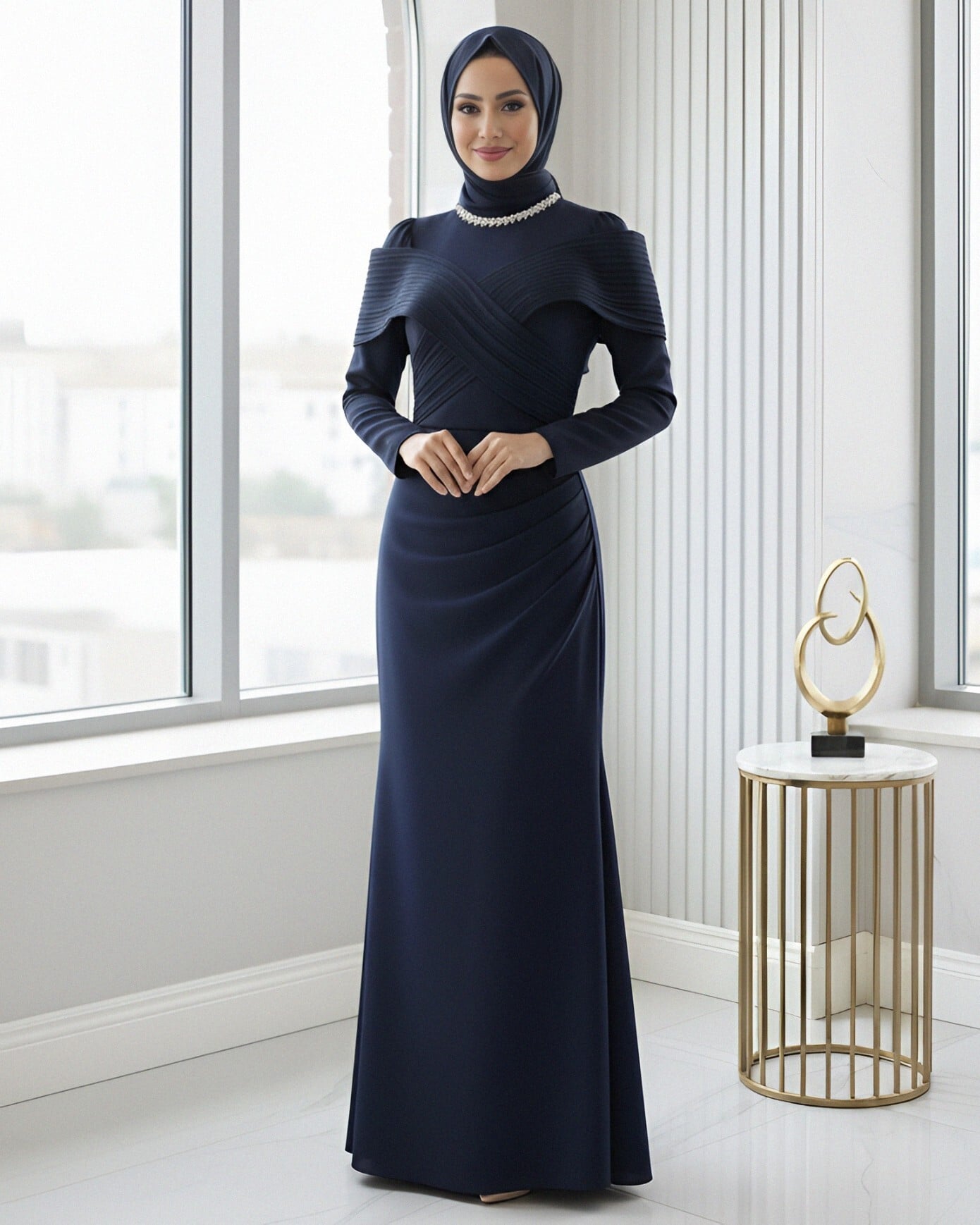 Beaded Neckline Pleated Evening Dress - Navy Blue - Podyumplus - by Peralane - photo 5