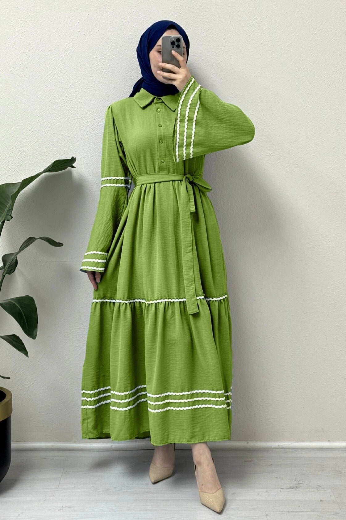 Green Tiered Dress with Ric-Rac Trim and Tie Belt - Podyumplus - by Peralane