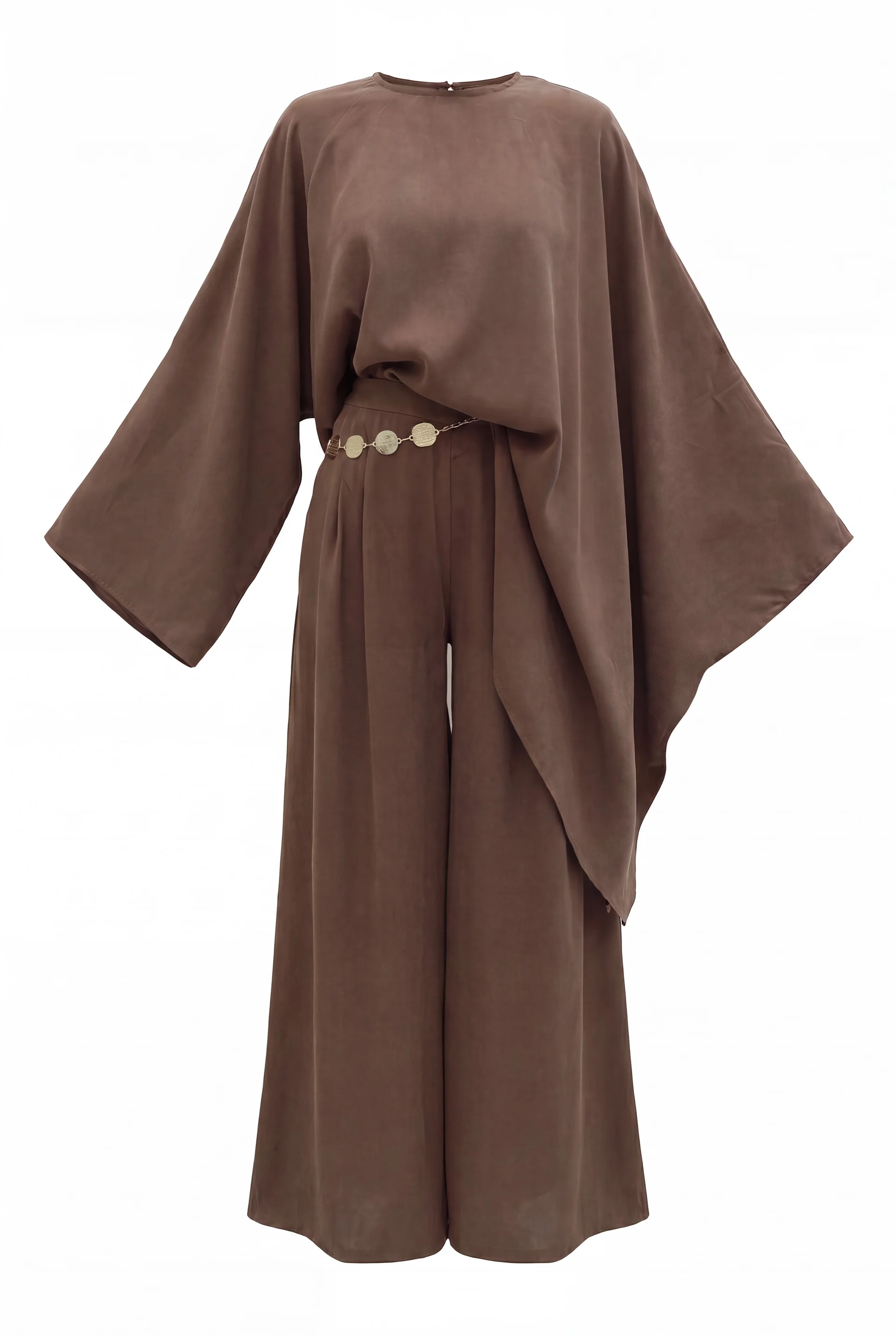 Asymmetric Cut Wide Sleeve Wide-Leg Trousers Belted Modal Co-ord Set - Brown - Podyumplus - by Peralane - photo 5
