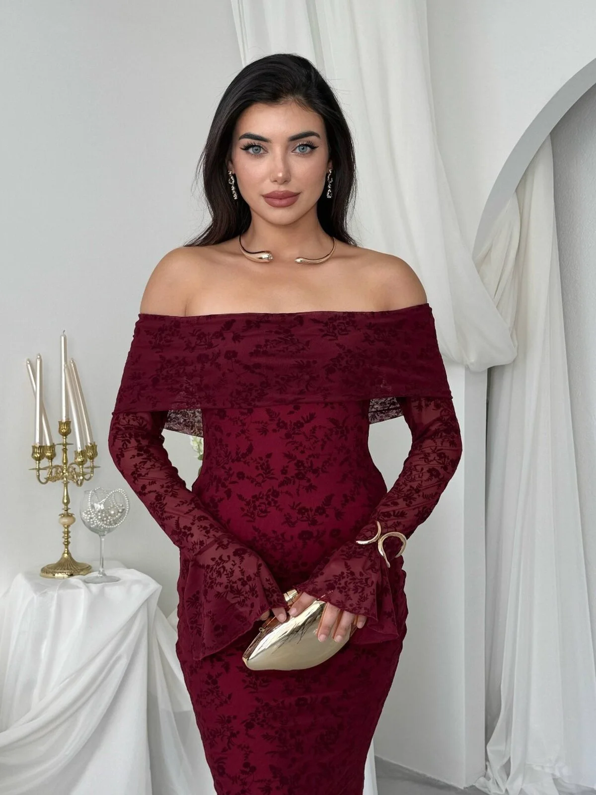 Juer Off-Shoulder Floral Dress ETK-01058 - Burgundy - Etika - by Peralane - photo 4