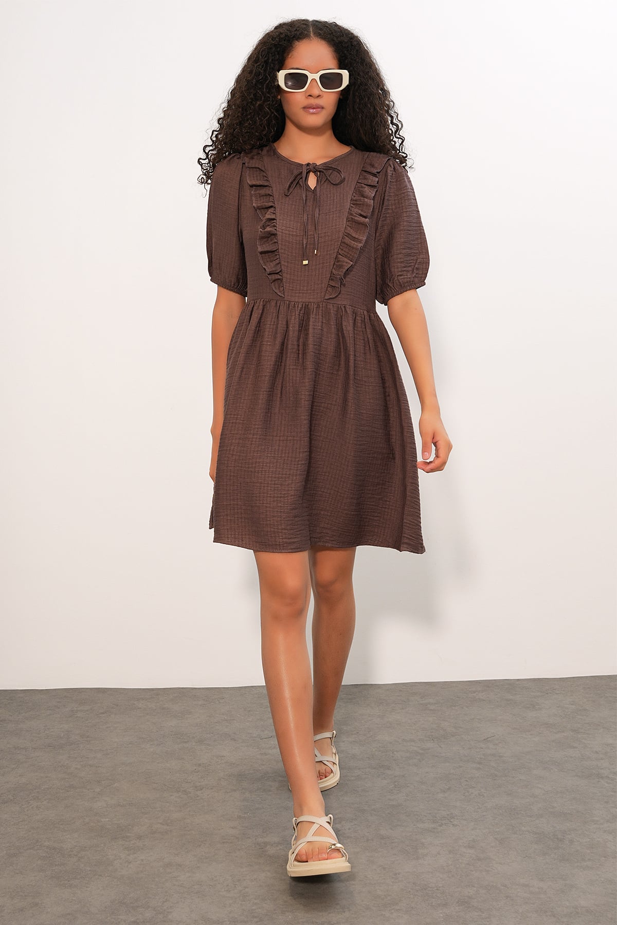 Womens Brown Short-Sleeve Tie-Front Ruched Dress - Bigdart - by Peralane