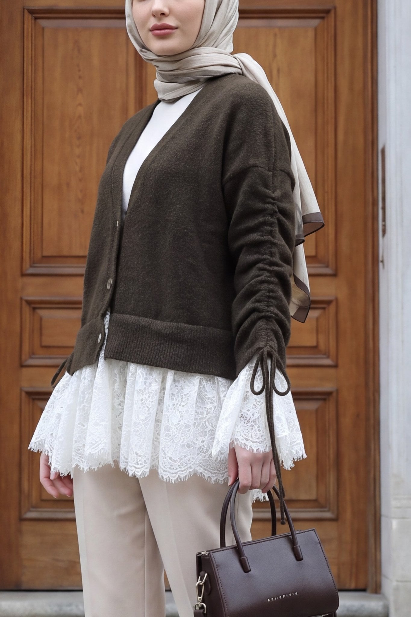 Lace Trim Button Front Soft Knit Cardigan - Dark Brown - Podyumplus - by Peralane - photo 6