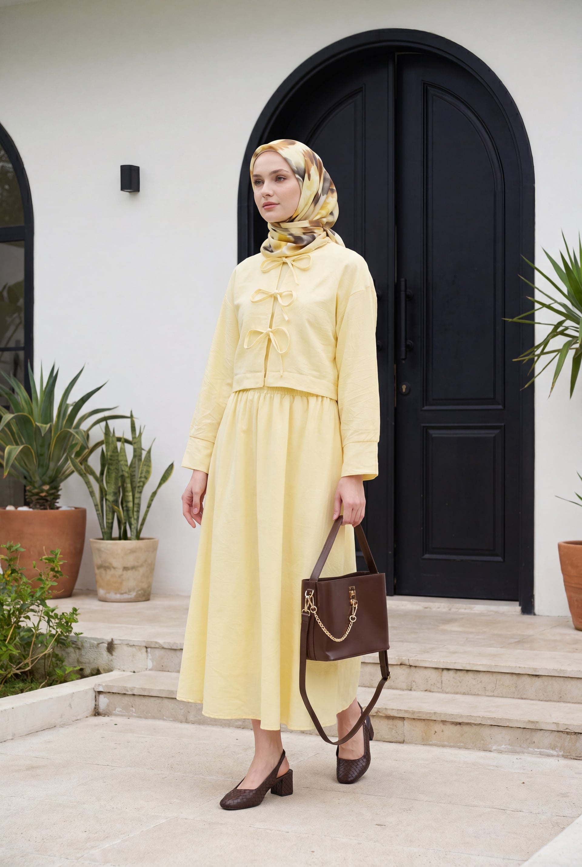 Women's Linen Look Two-Piece Set with Lace-Up Front and Elastic Waist Skirt - Yellow - Podyumplus - by Peralane - photo 2