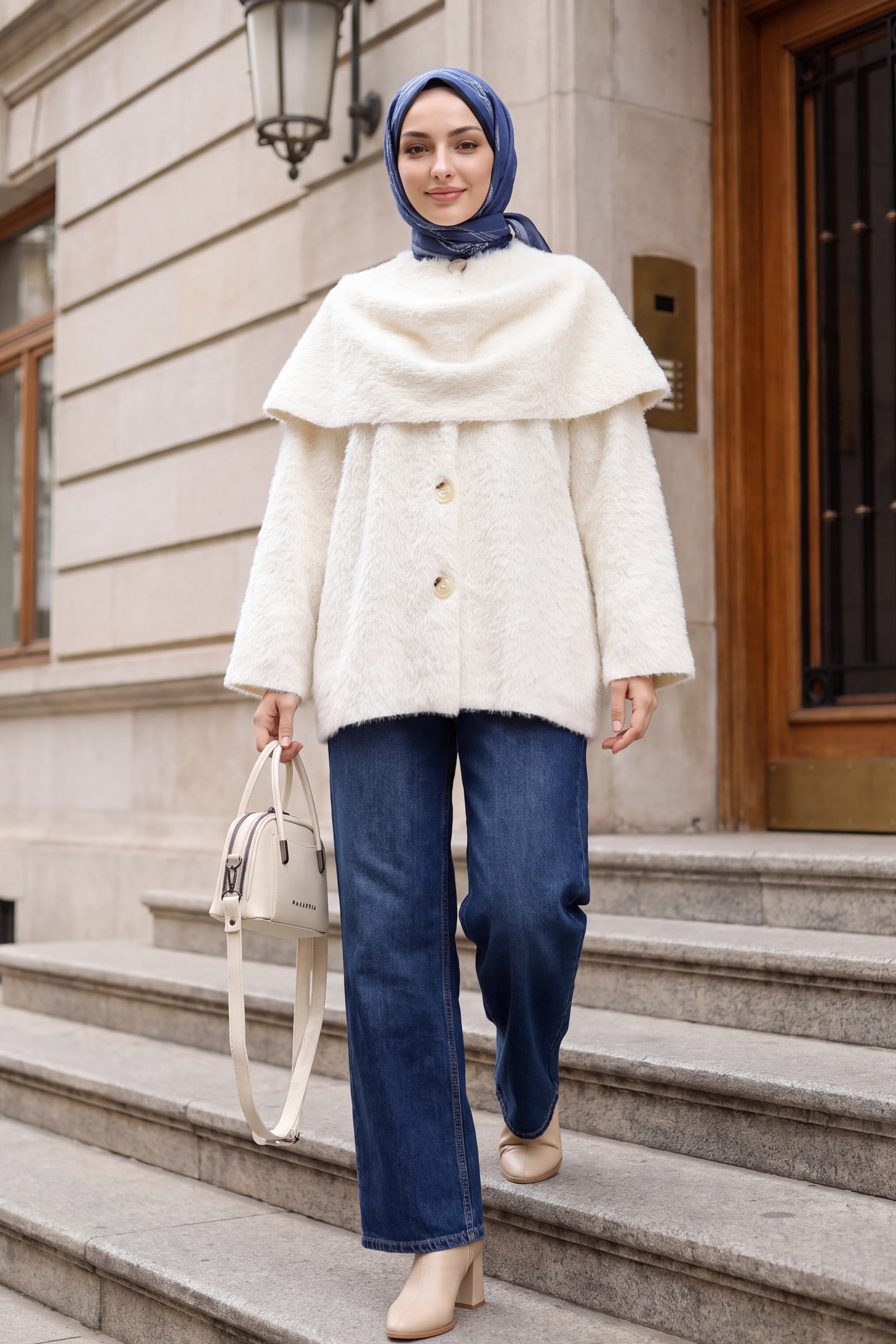 Collar Detail Button-Front Fuzzy Cardigan - Ecru - Podyumplus - by Peralane - photo 4
