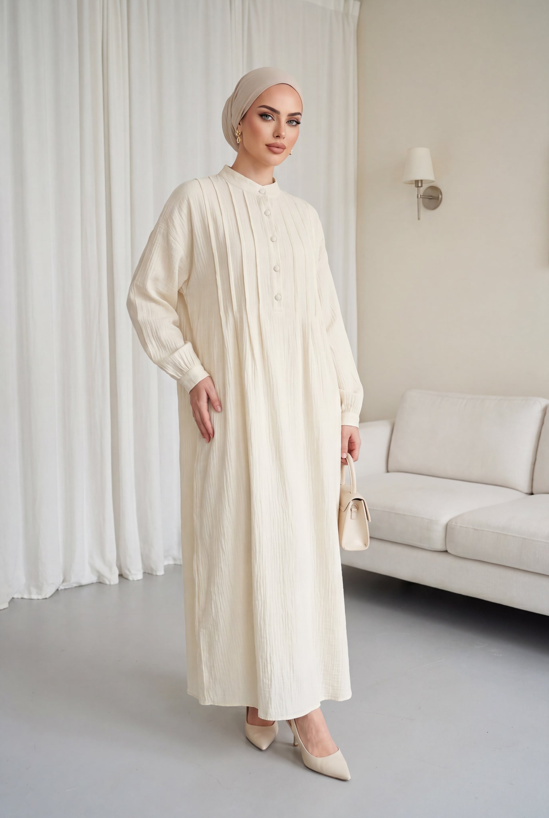 White Ribbed Half-Button Muslin Dress - Podyumplus - by Peralane - photo 5