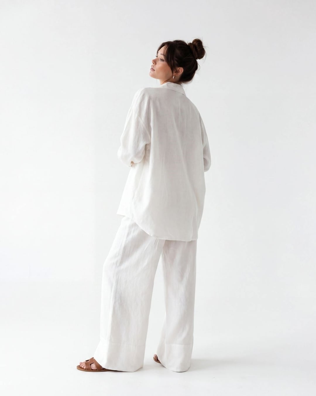 Women's Linen Shirt and Wide-Leg Trousers Set in Ecru - Fame - by Peralane - photo 2