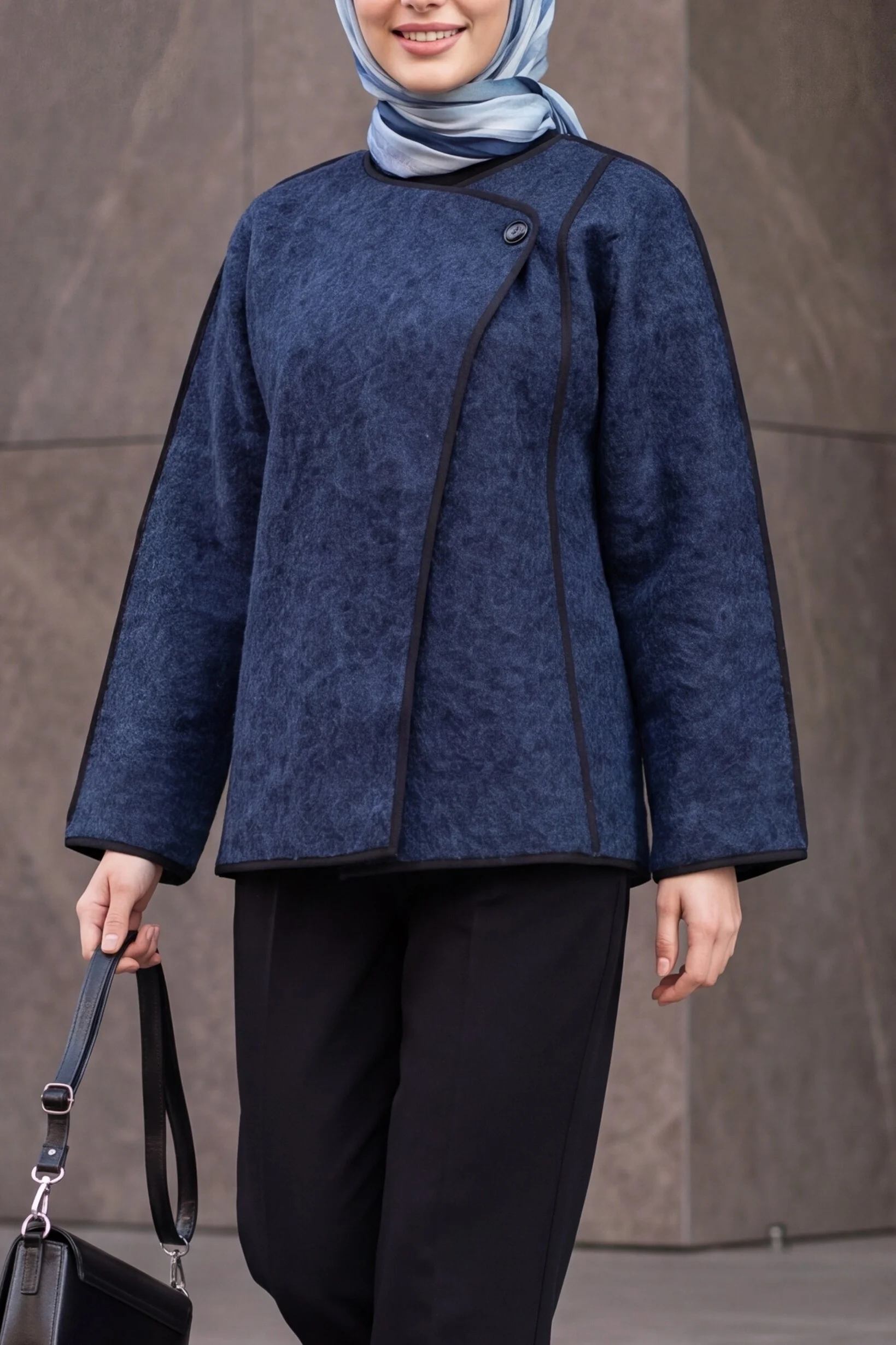 Women's Asymmetric Front Fringed Cardigan - Navy - Podyumplus - by Peralane