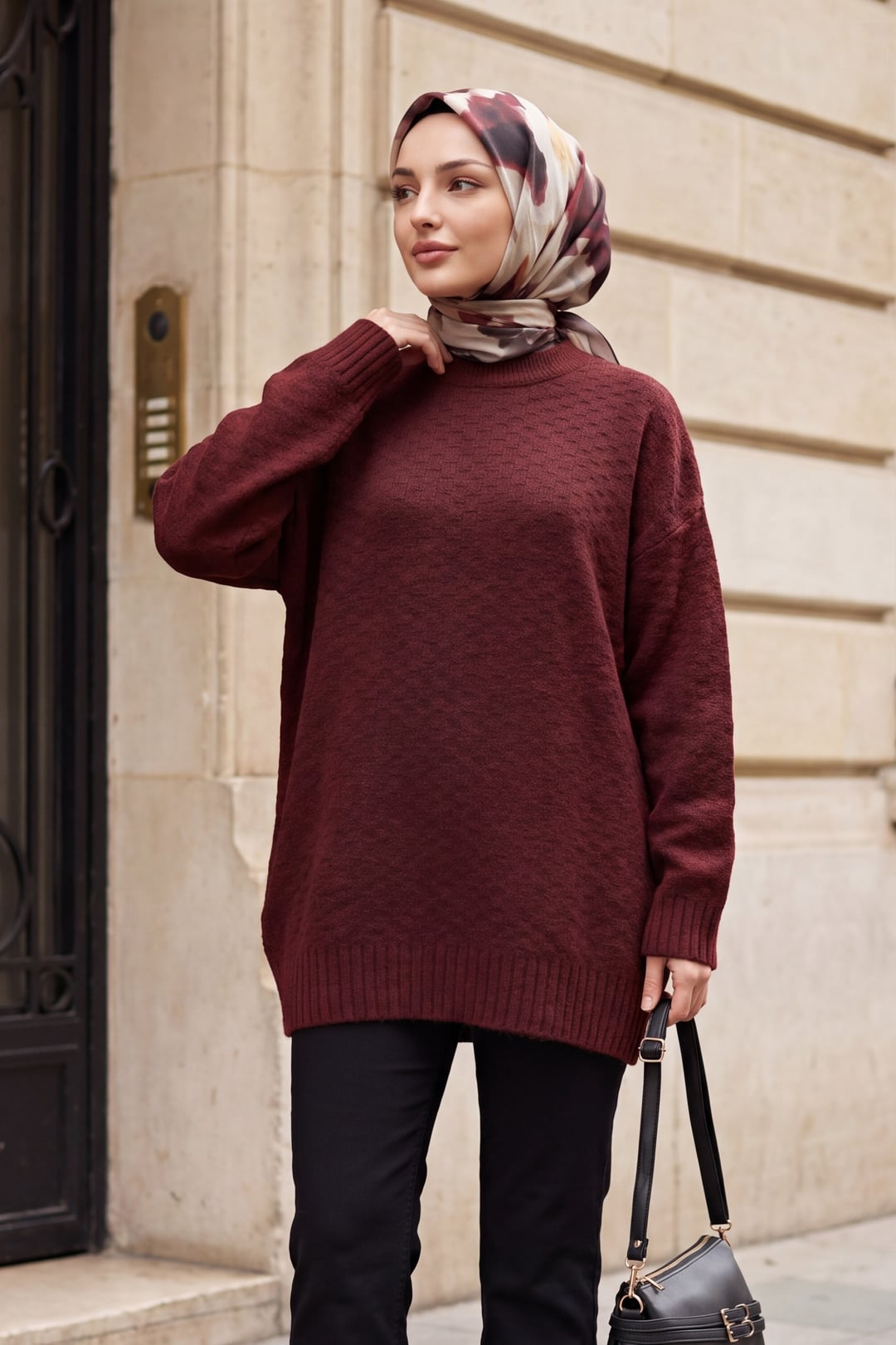Round Neck Ribbed Hem Relaxed Knit Tunic - Burgundy - Podyumplus - by Peralane - photo 2