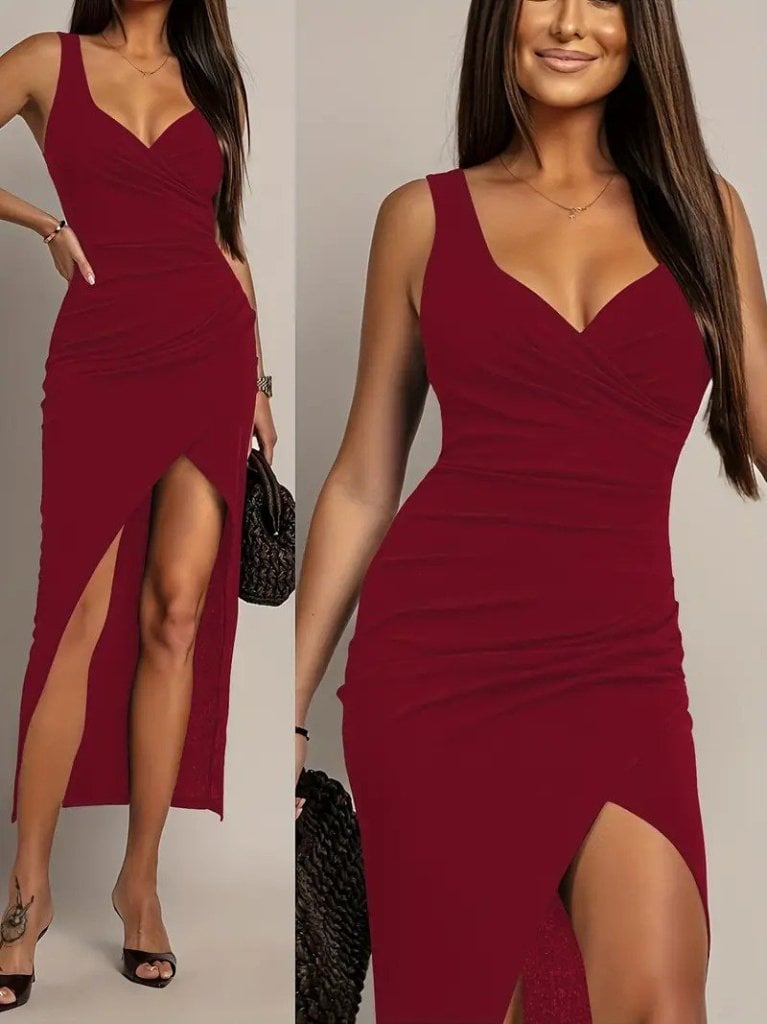 Women's Sleeveless V-Neck Maxi Dress with Asymmetric Cut, Deep Red - Janes - by Peralane