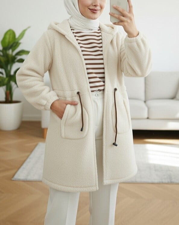 Women's Hooded Drawstring Fleece Jacket - Ecru - Podyumplus - by Peralane - photo 3