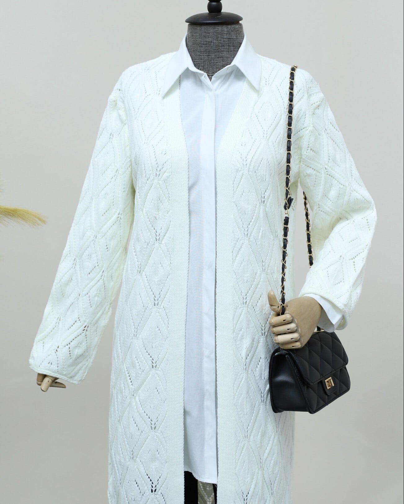 Cream Diamond Pattern Openwork Long Knit Cardigan - Podyumplus - by Peralane - photo 5