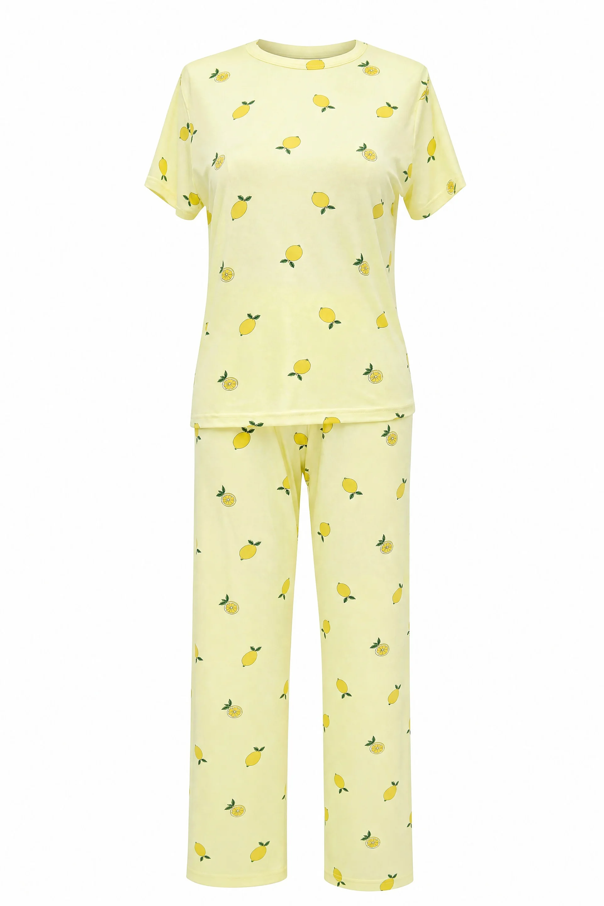 Lemon Print Crew Neck Short Sleeve Cotton Pyjama Set - Yellow - Podyumplus - by Peralane - photo 2