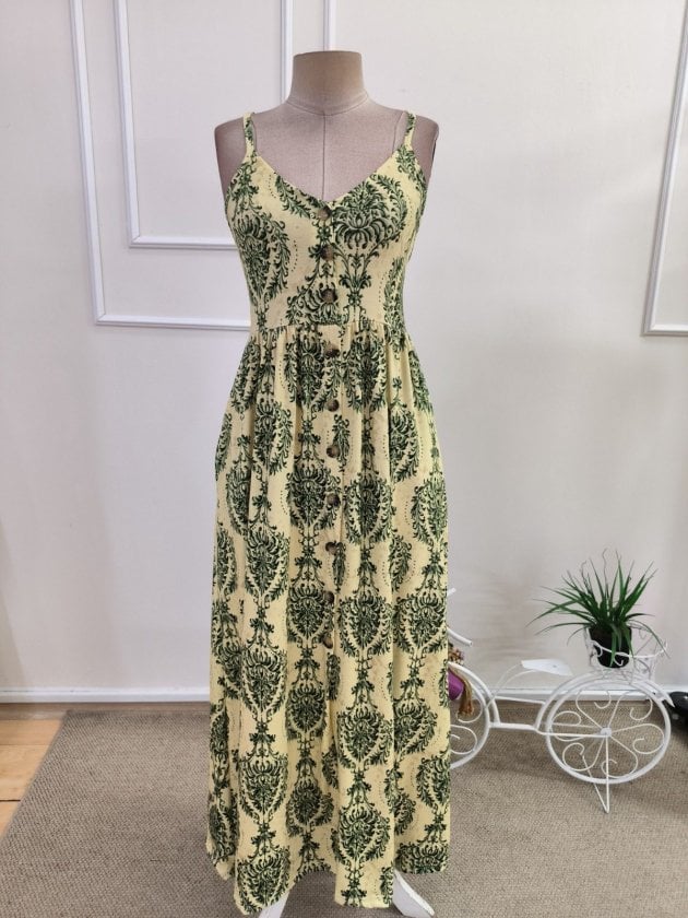 Women's Spaghetti Strap V-Neck Button Front Printed Maxi Dress - Janes - by Peralane - photo 5