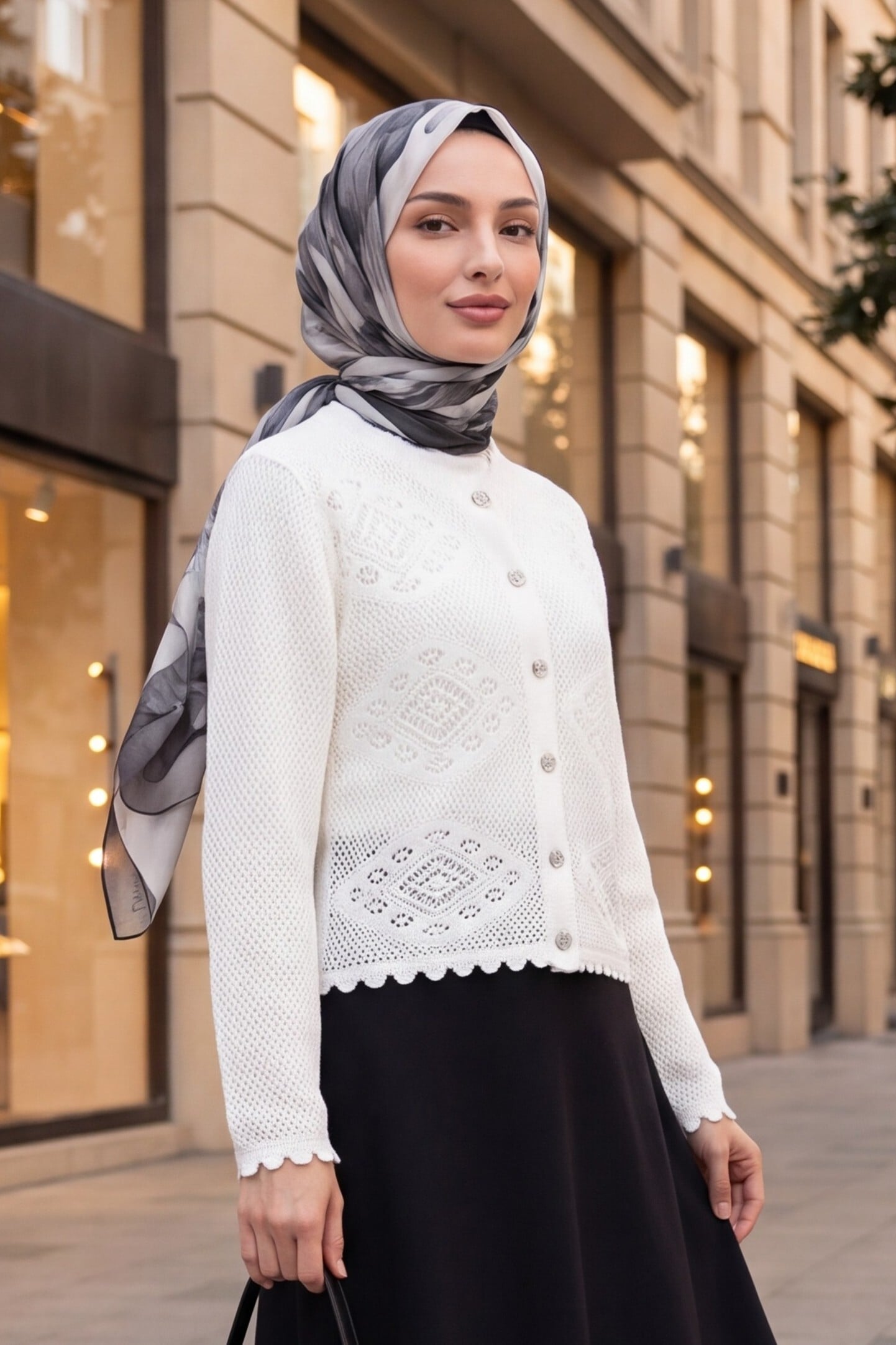 Geometric Patterned Open-Knit Button Cardigan - Ecru - Podyumplus - by Peralane