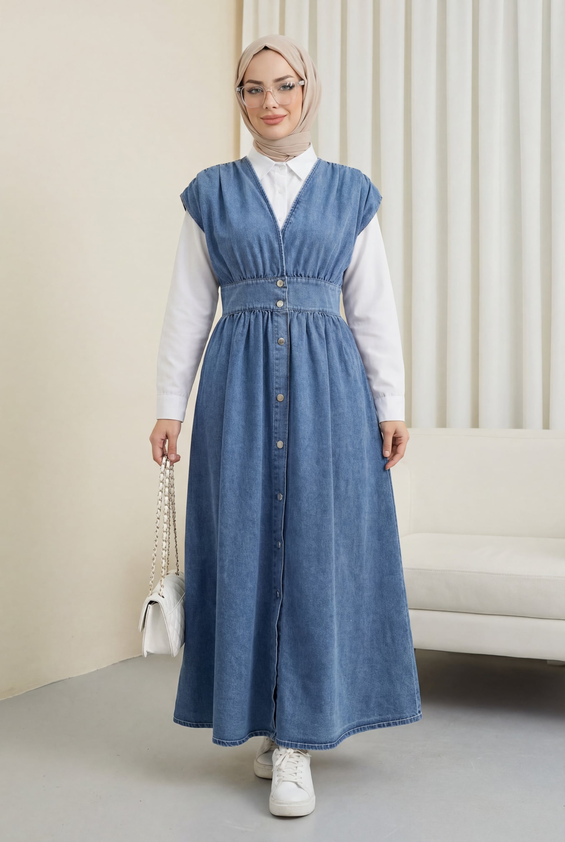 Long-Sleeved V-Neck Button-Front Denim Jilbab Dress - Ice Blue - Podyumplus - by Peralane