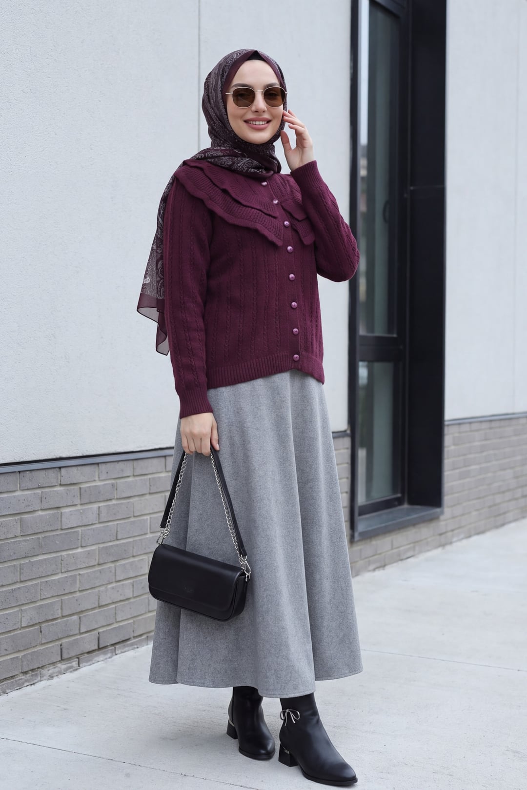 Crew Neck Ruffle Detail Openwork Button Knit Cardigan - Plum - Podyumplus - by Peralane - photo 3