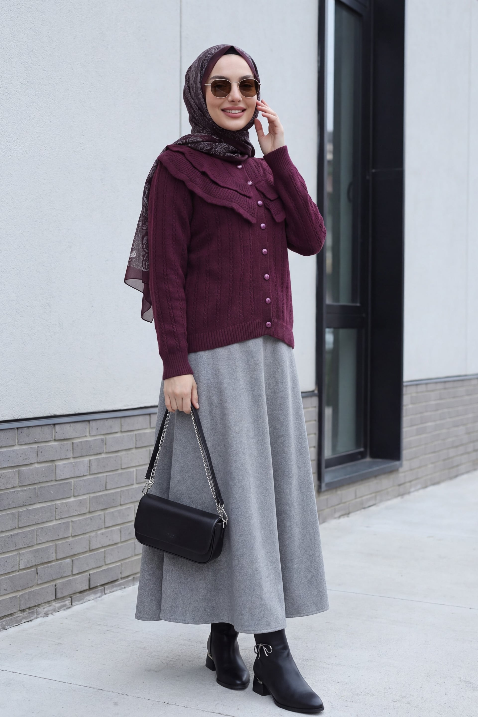 Crew Neck Ruffle Detail Openwork Button Knit Cardigan - Plum - Podyumplus - by Peralane - photo 3