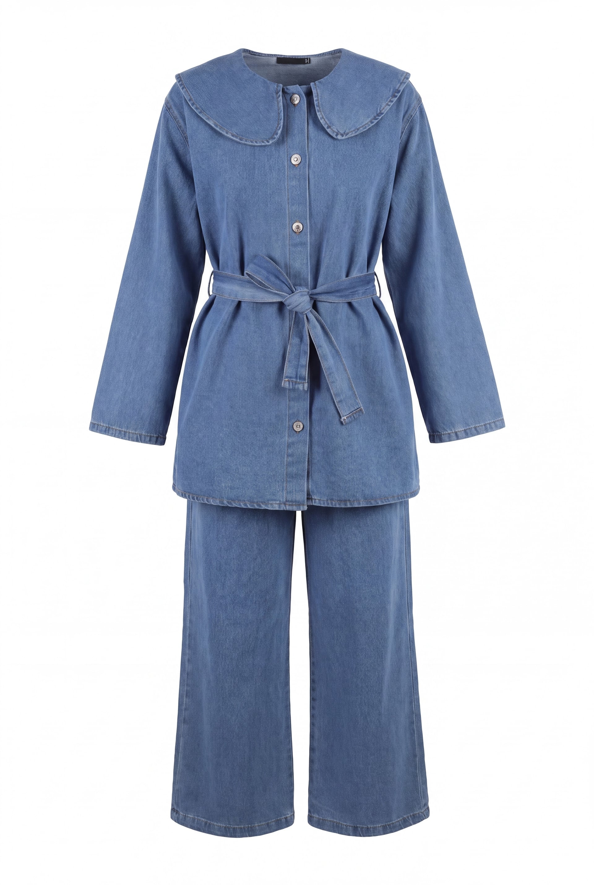 Women's Denim Co-ord Set with Tunic Top and Straight-Leg Trousers - Ice Blue - Podyumplus - by Peralane - photo 5